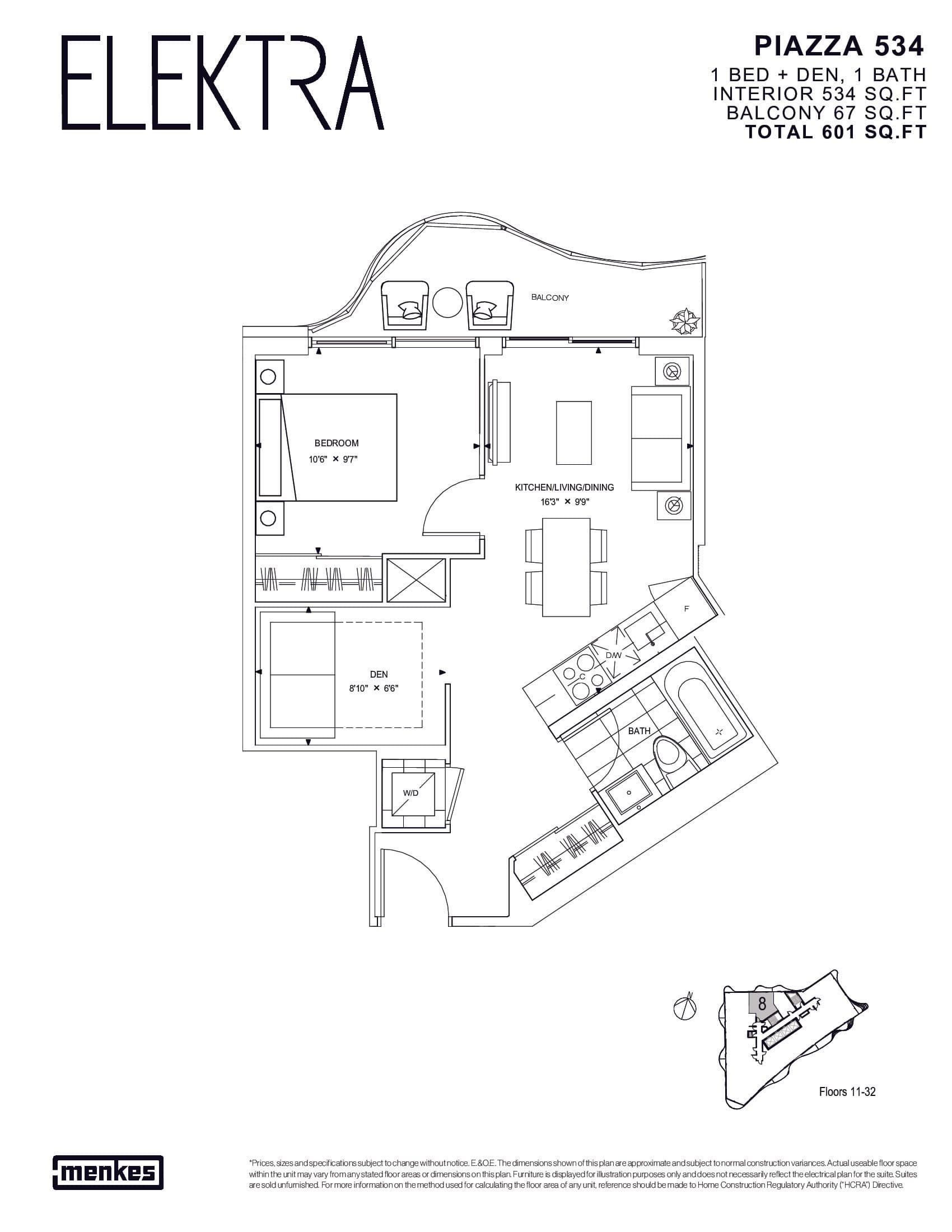 Piazza 534 Floor Plan at Elektra Condos - 534 sq.ft