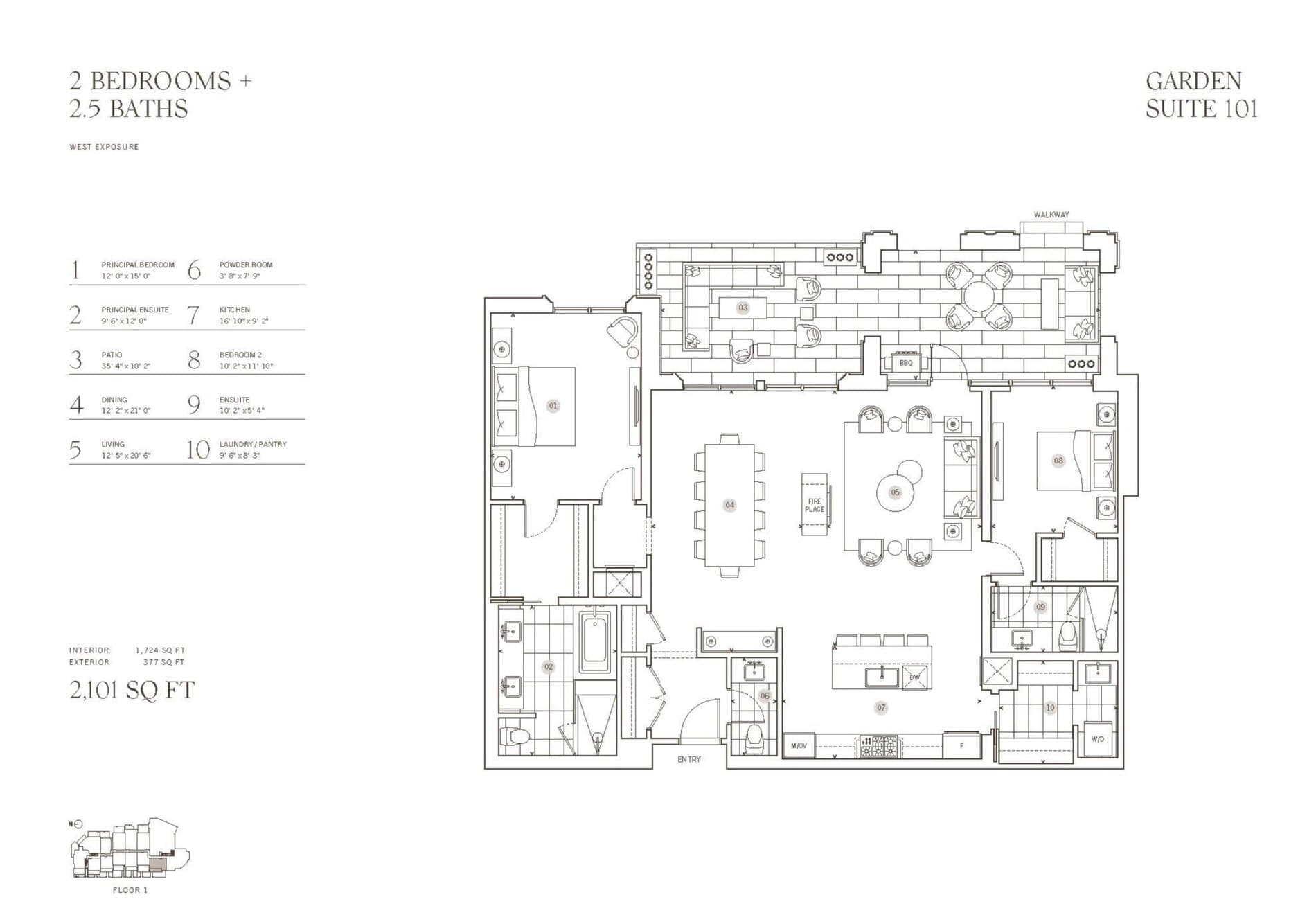 Garden Suite 101 Floor Plan at 2 Post Road Condos - 1724 sq.ft