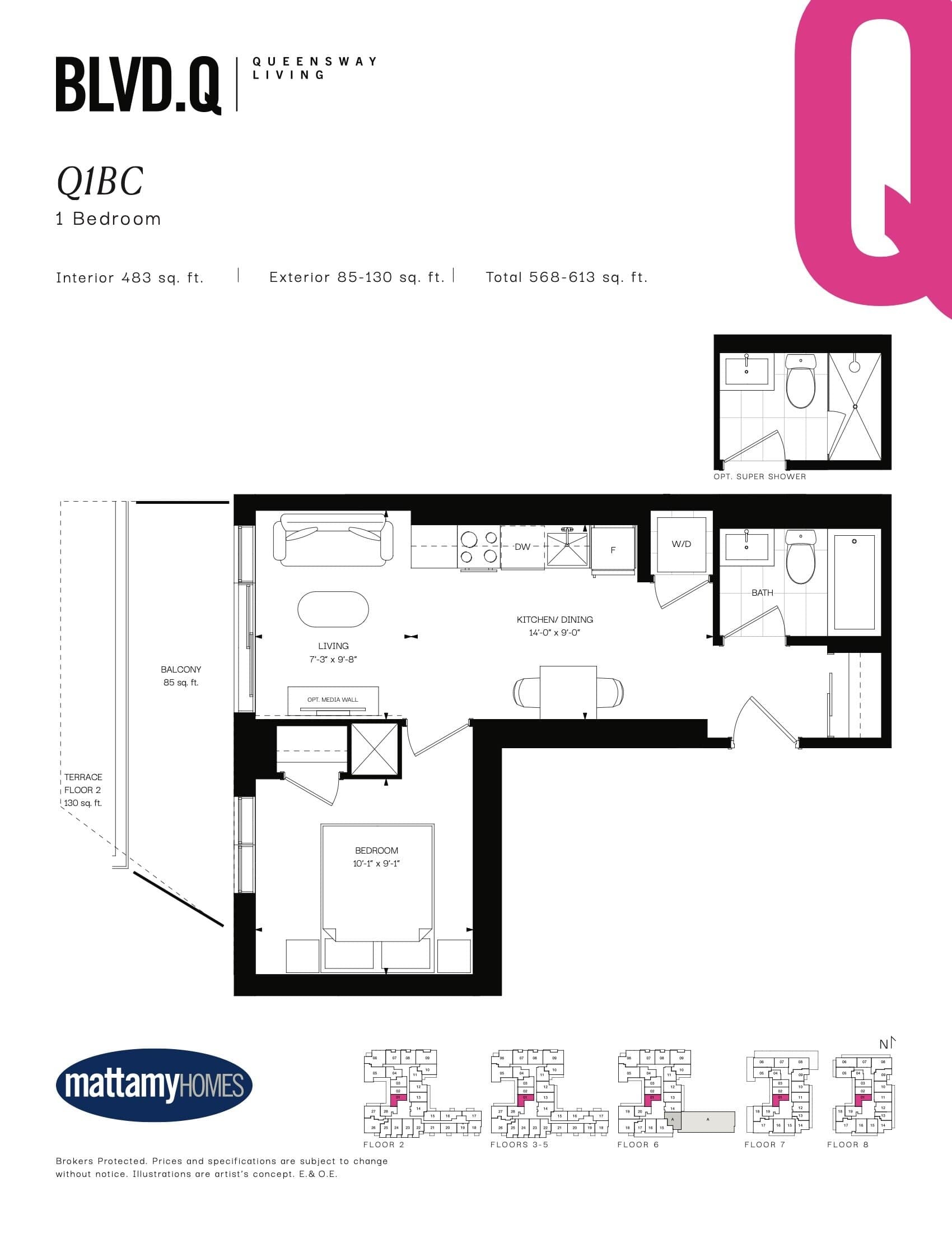 Q1BC Floor Plan at BLVD. Q - 483 sq.ft
