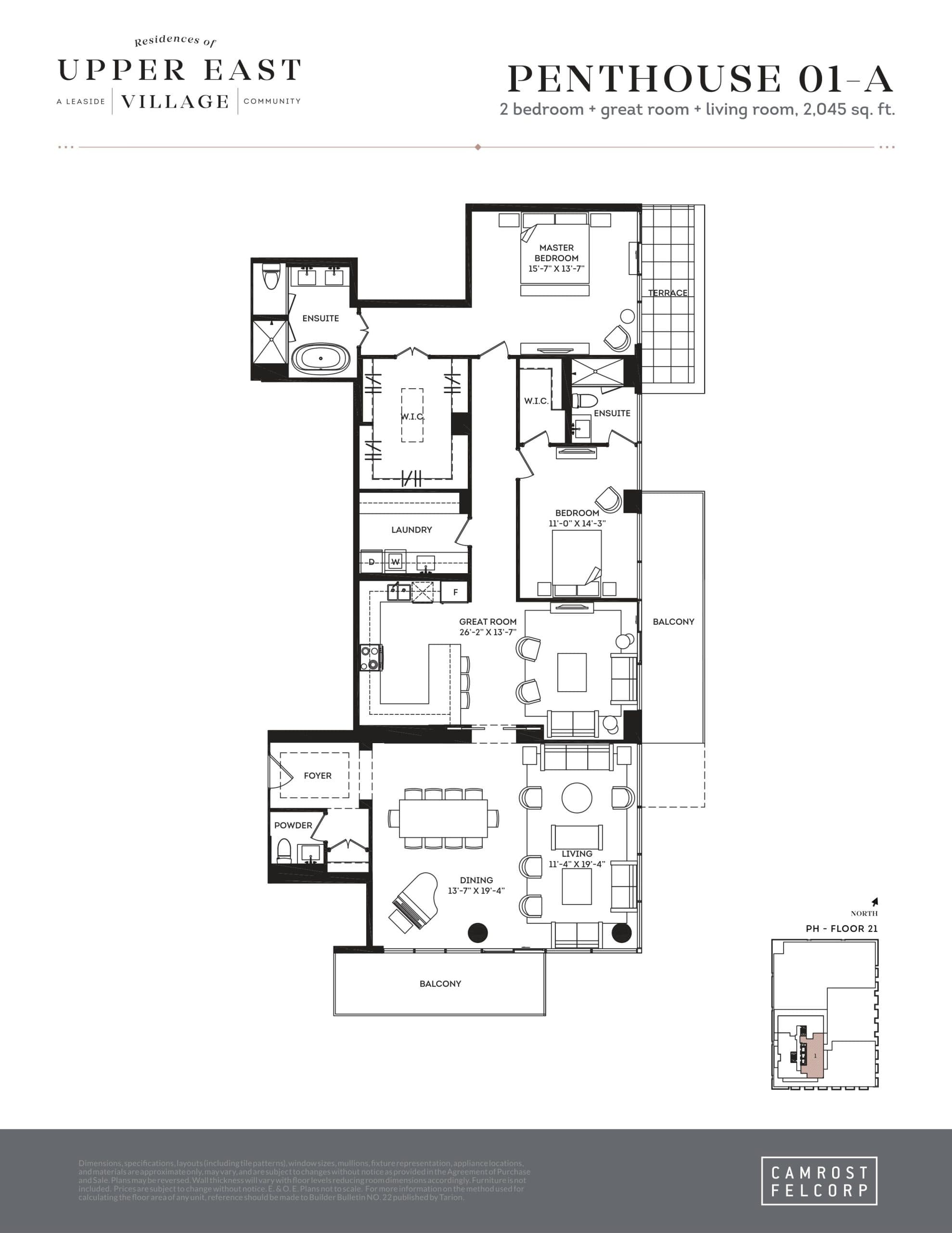 Penthouse 01-A Floor Plan at Upper East Village Condos - 2045 sq.ft