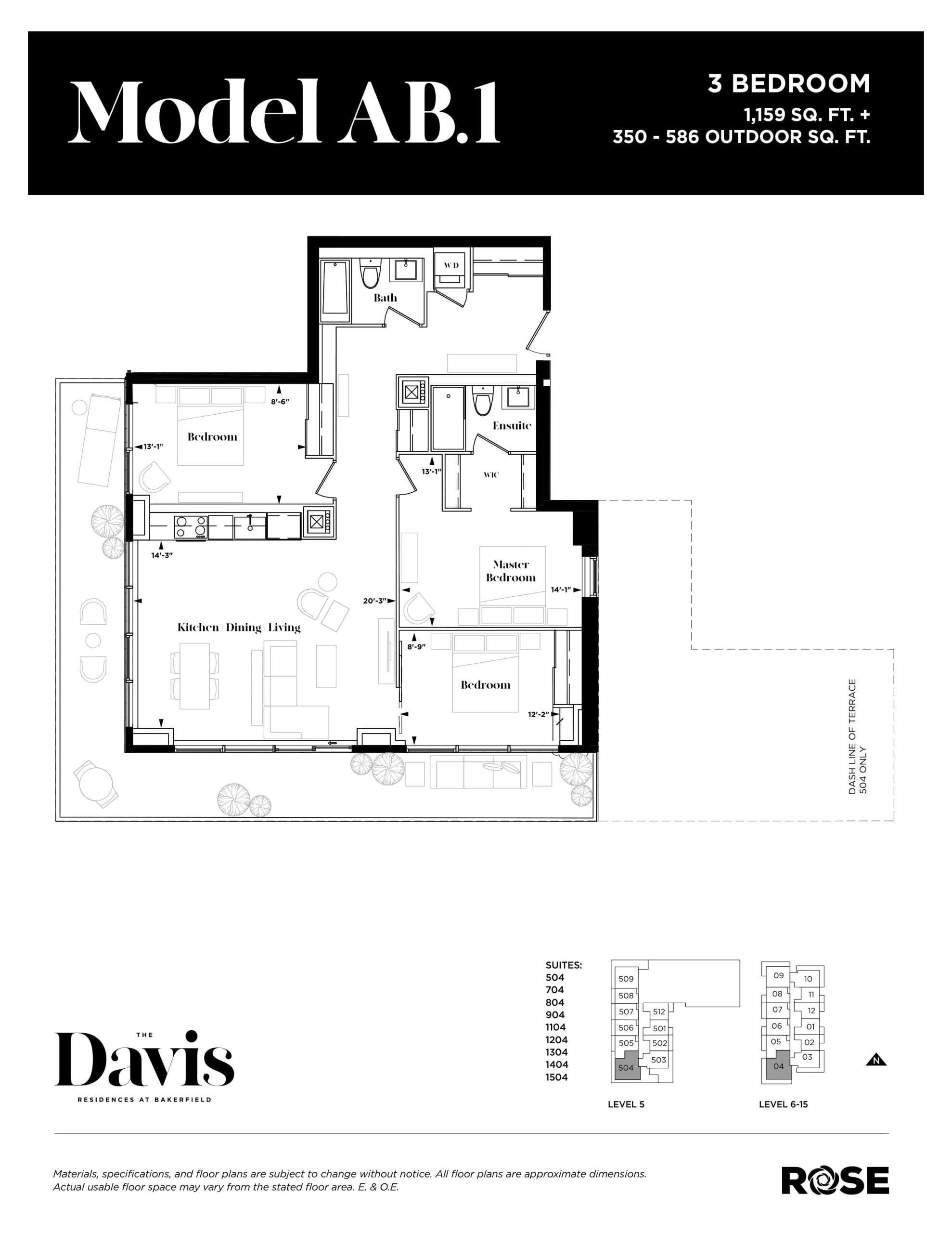 Model AB.1 Floor Plan at The Davis Residences at Bakerfield Condos - 1159 sq.ft