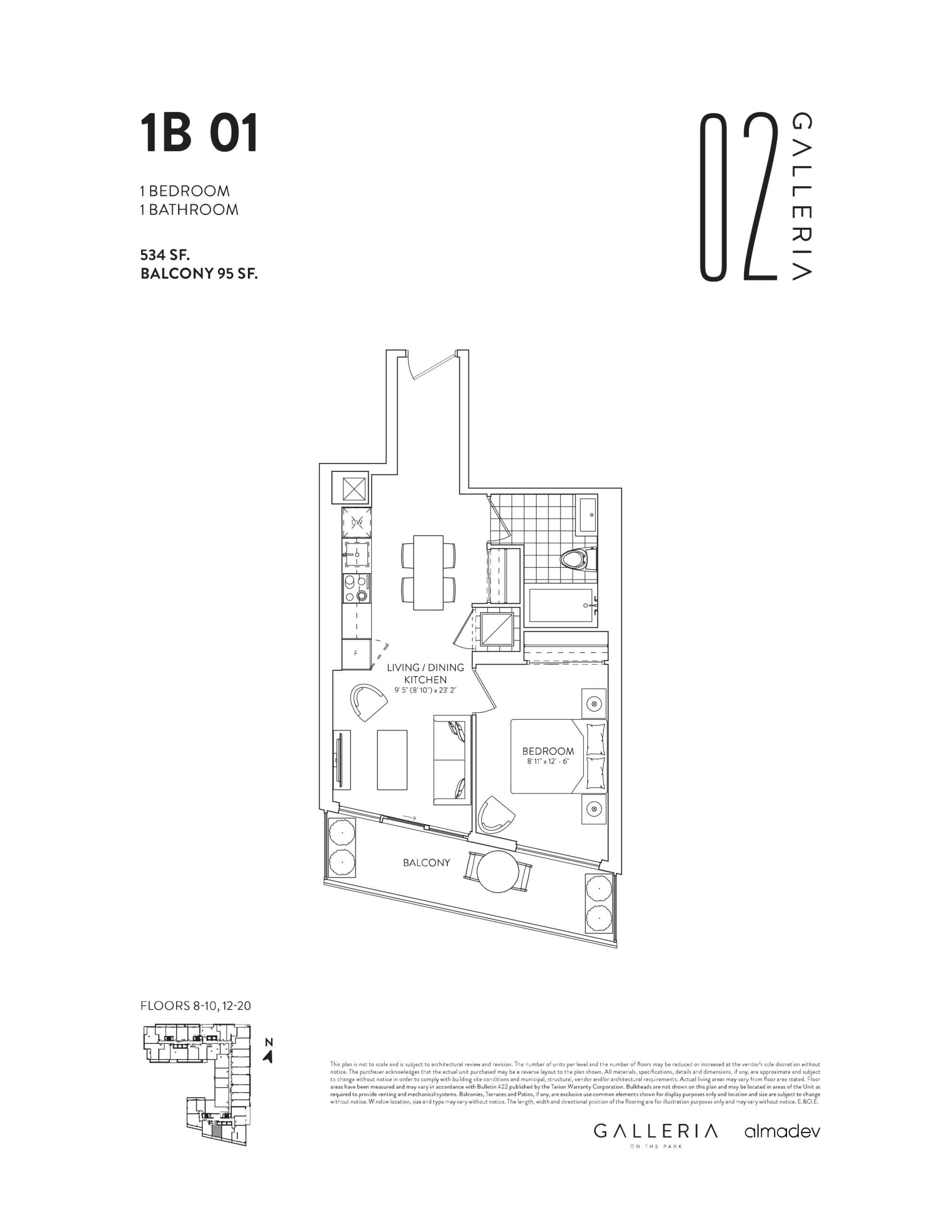 1B 01 Floor Plan at Galleria 02 Condos - 534 sq.ft