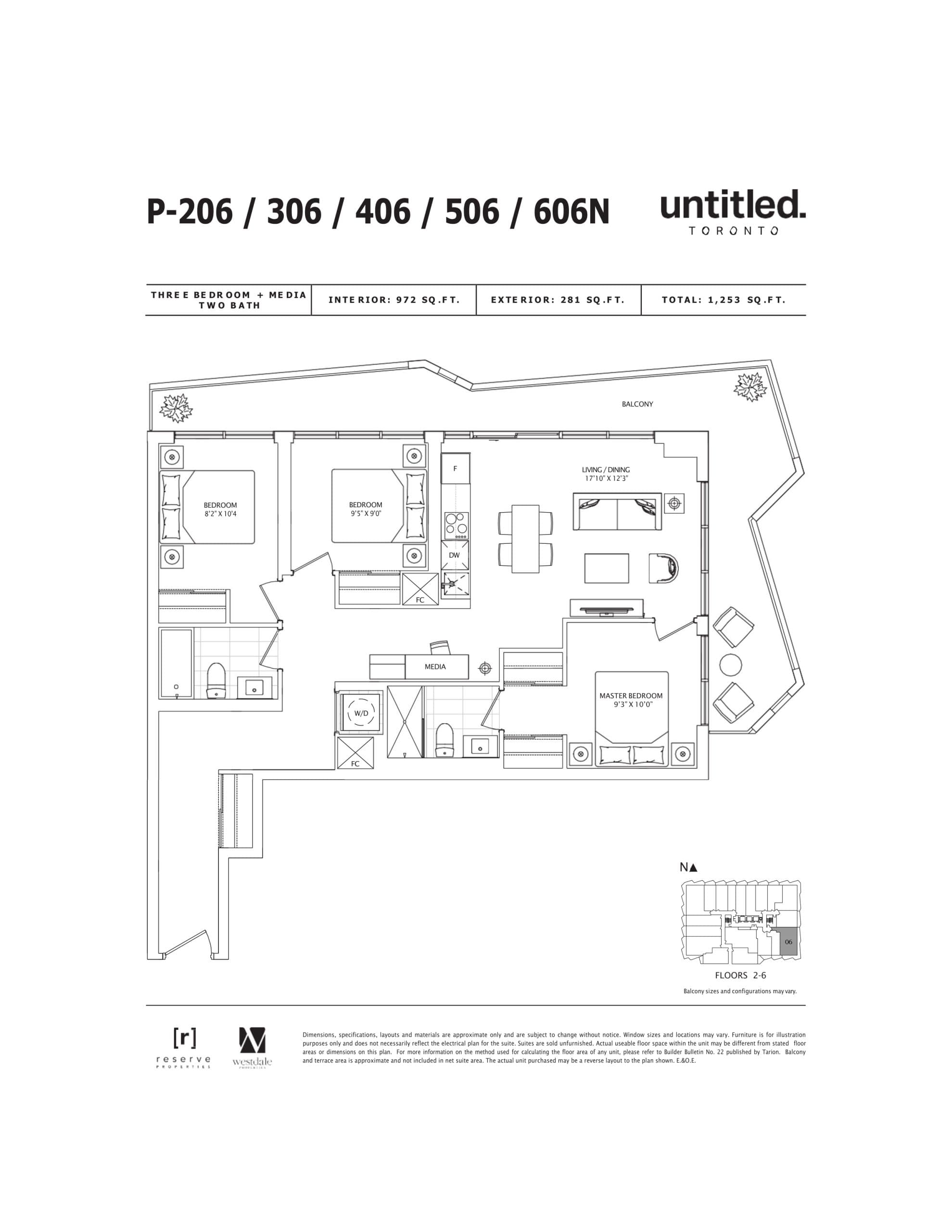 P-206/306/406/506/606N Floor Plan at Untitled North Tower Condos - 972 sq.ft