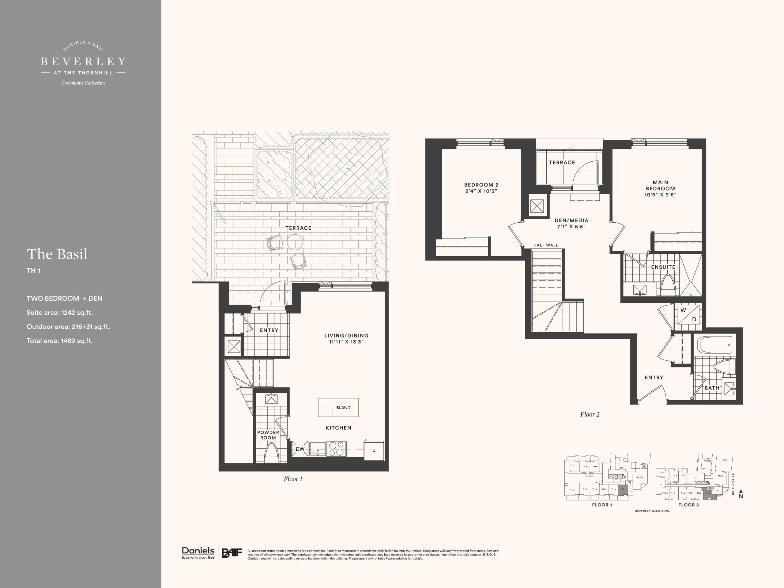 The Basil Floor Plan at The Beverley at the Thornhill Condos - 1242 sq.ft