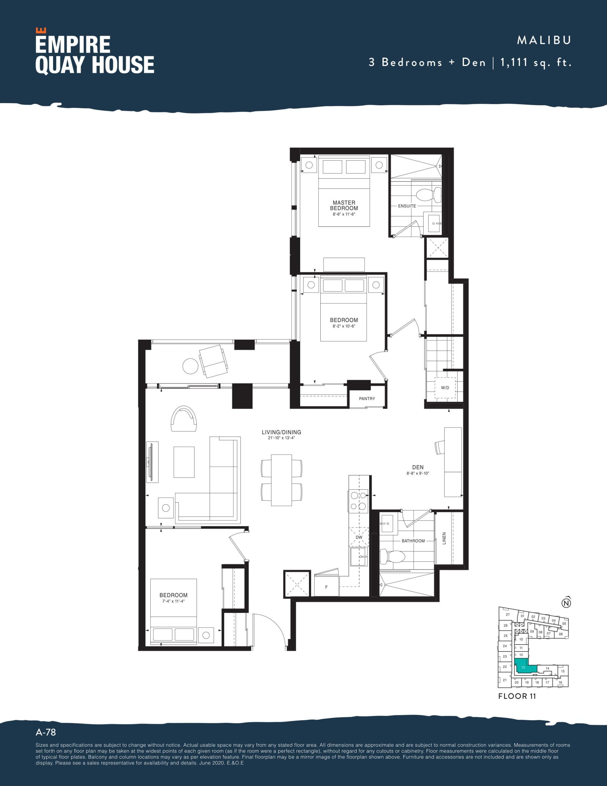 Malibu Floor Plan at Empire Quay House Condos - 1111 sq.ft