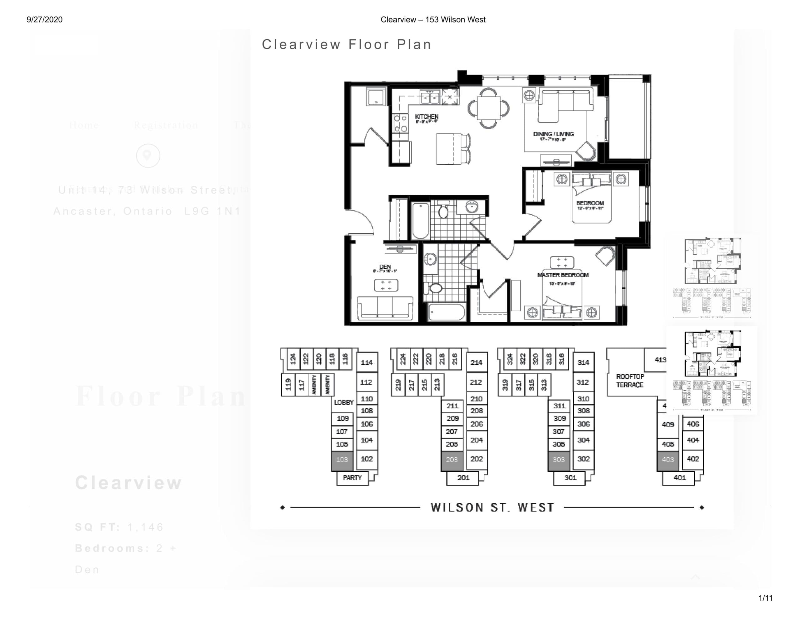 Clearview Floor Plan at 153 Wilson West Condos - 1146 sq.ft