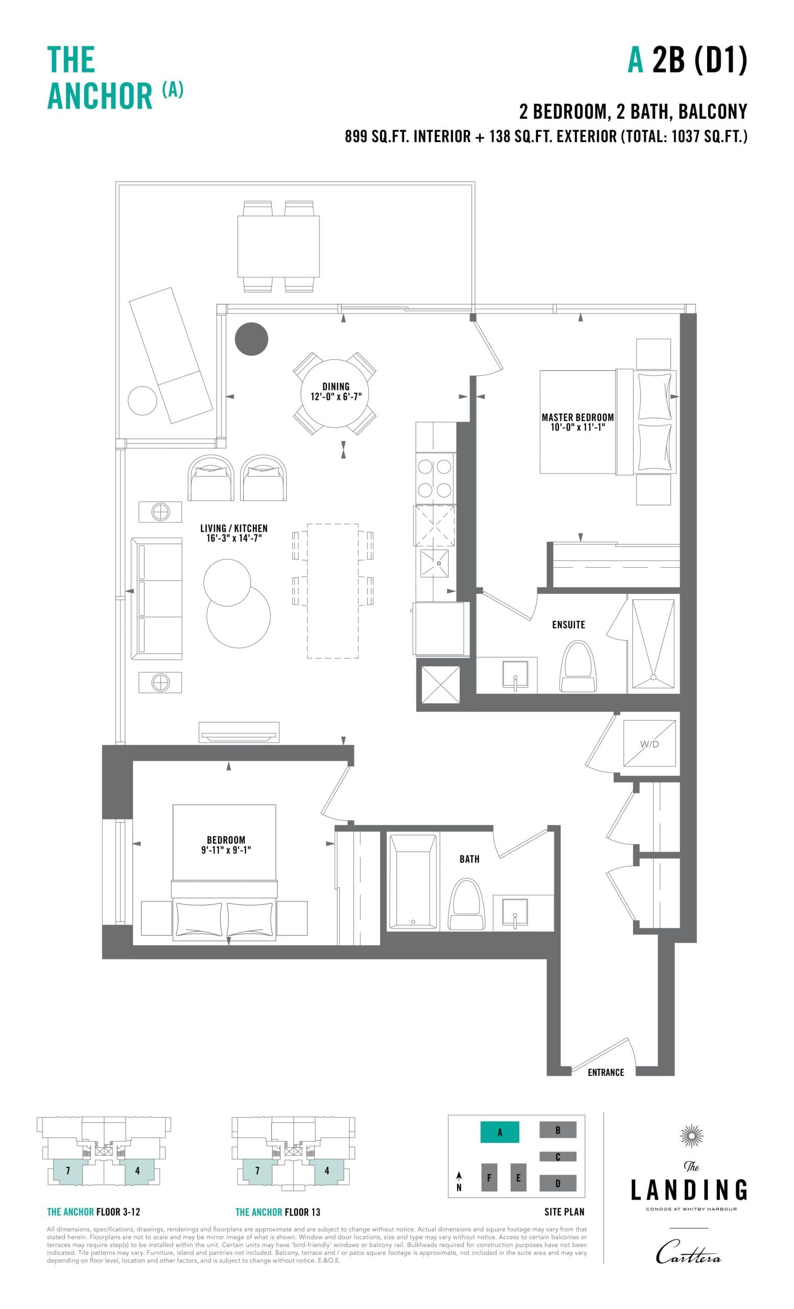 A-2B-D1 Floor Plan at The Landing Condos at Whitby Harbour - 899 sq.ft