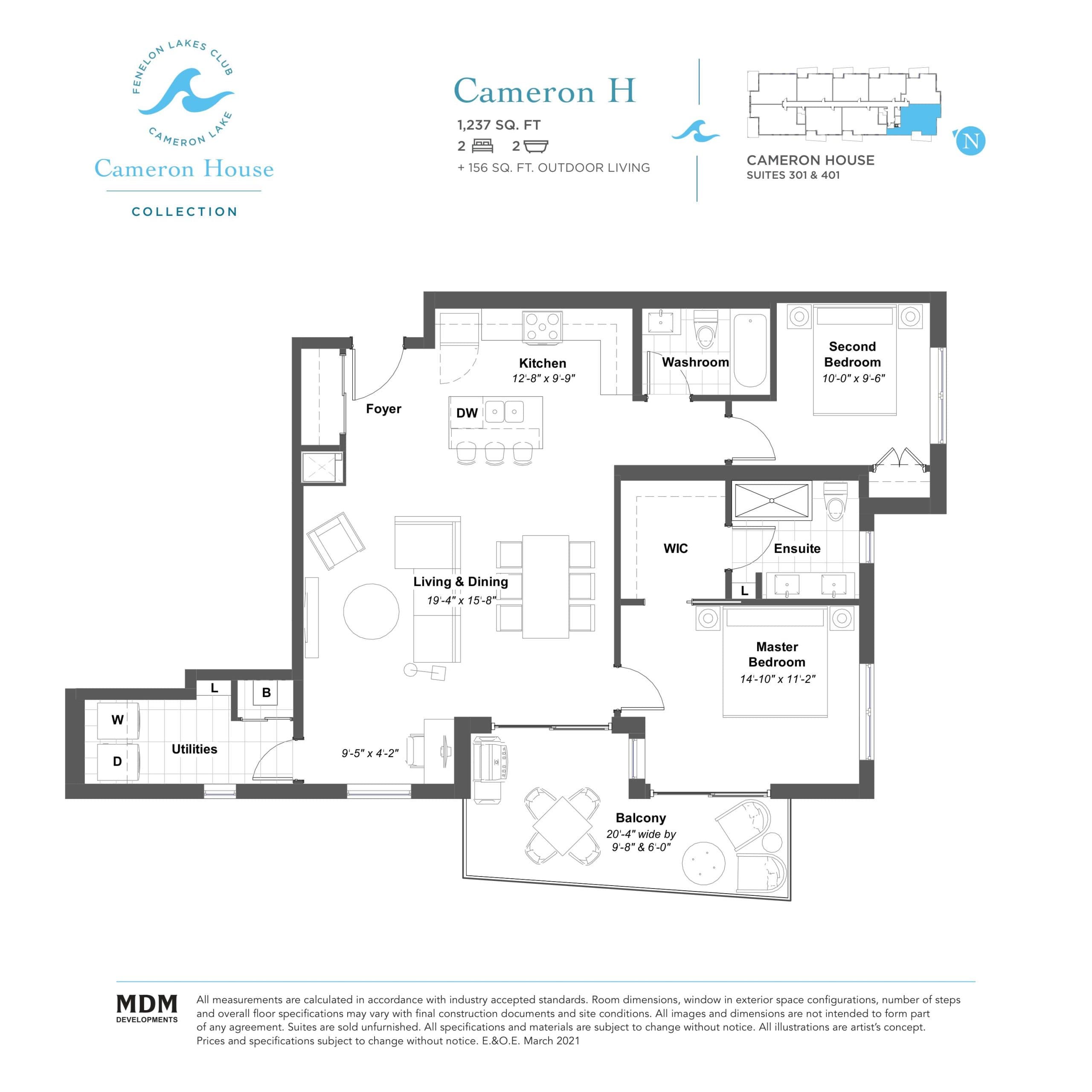 Cameron H Floor Plan at Fenelon Lakes Club Condos Phase 2 - 1237 sq.ft