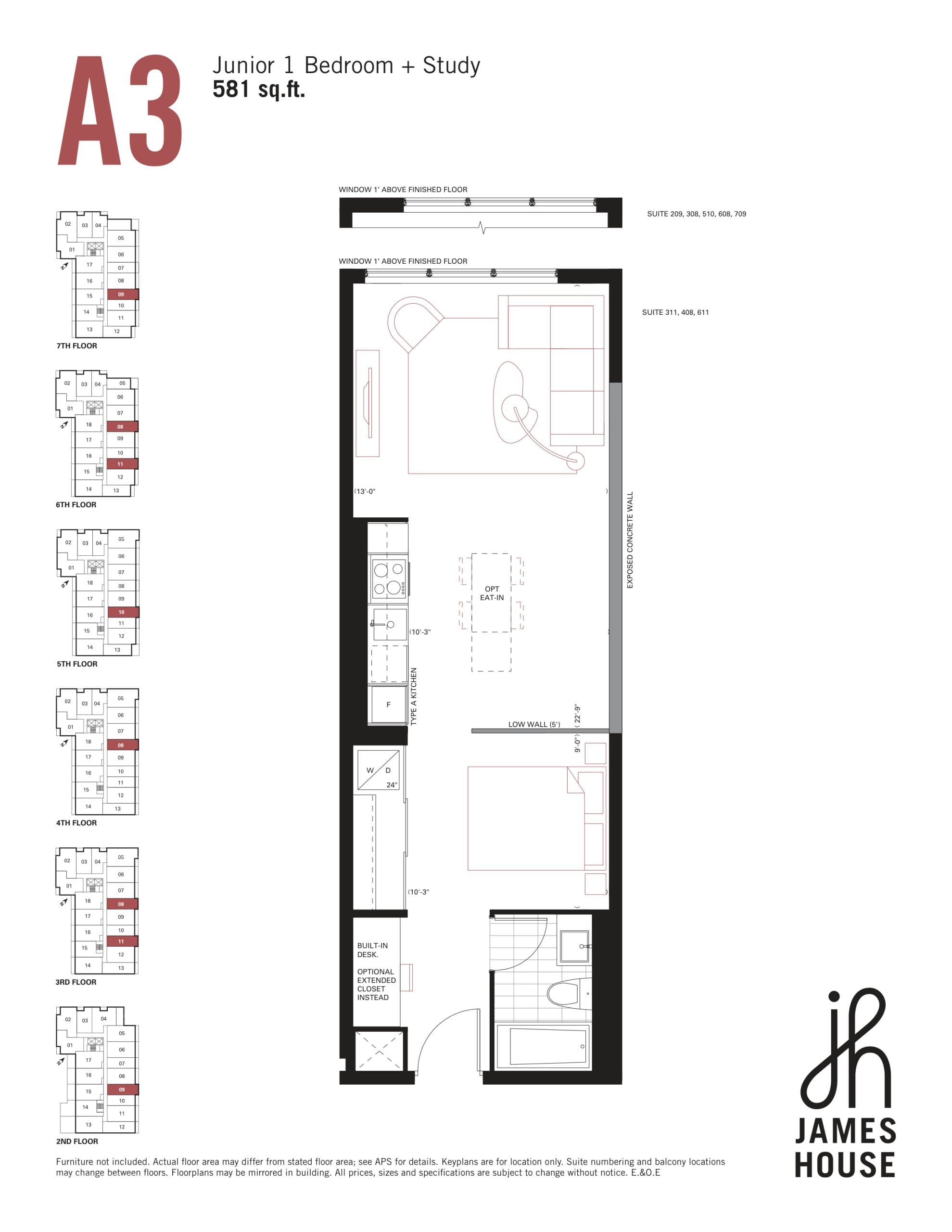A3 Floor Plan at James House Condos - 581 sq.ft