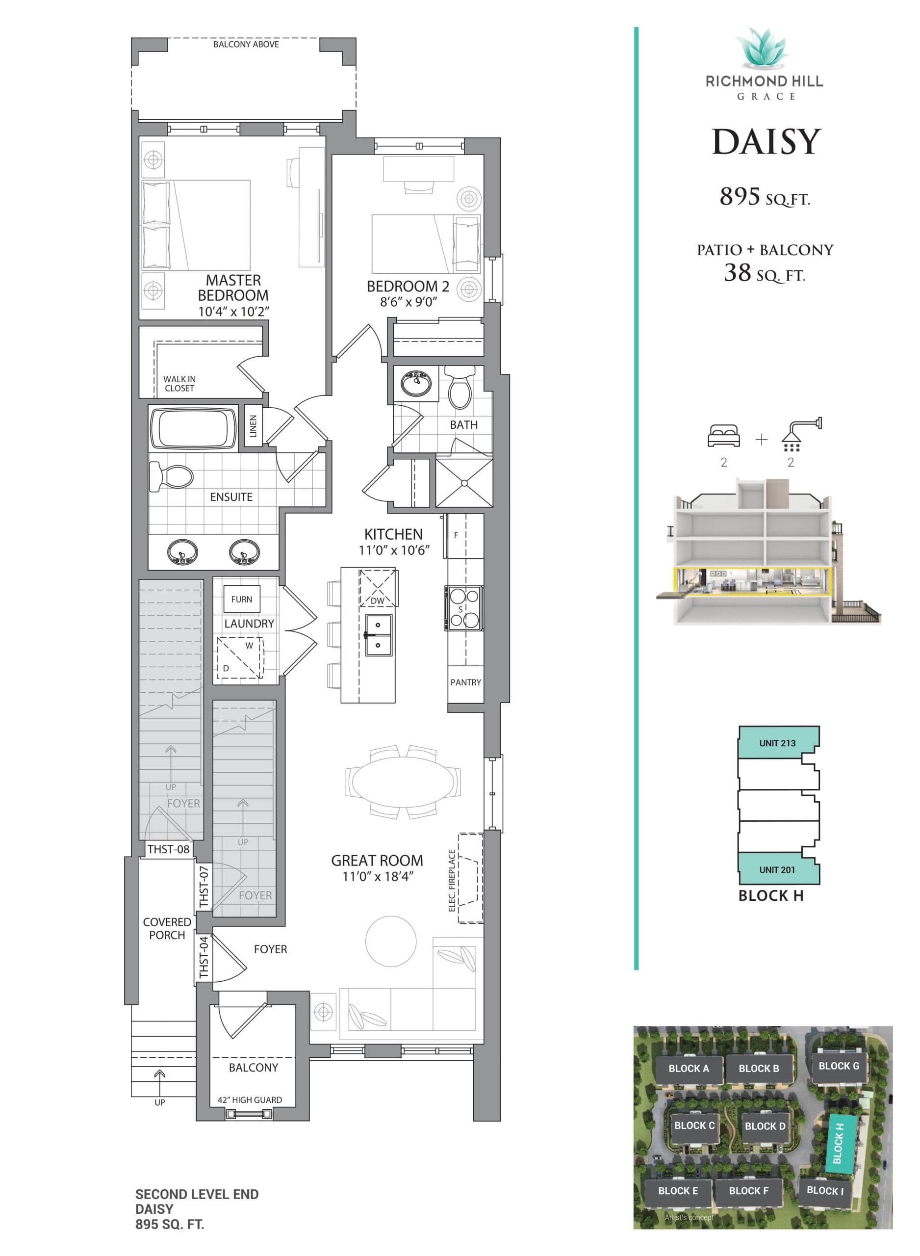 Daisy Floor Plan at Richmond Hill Grace Towns - 895 sq.ft