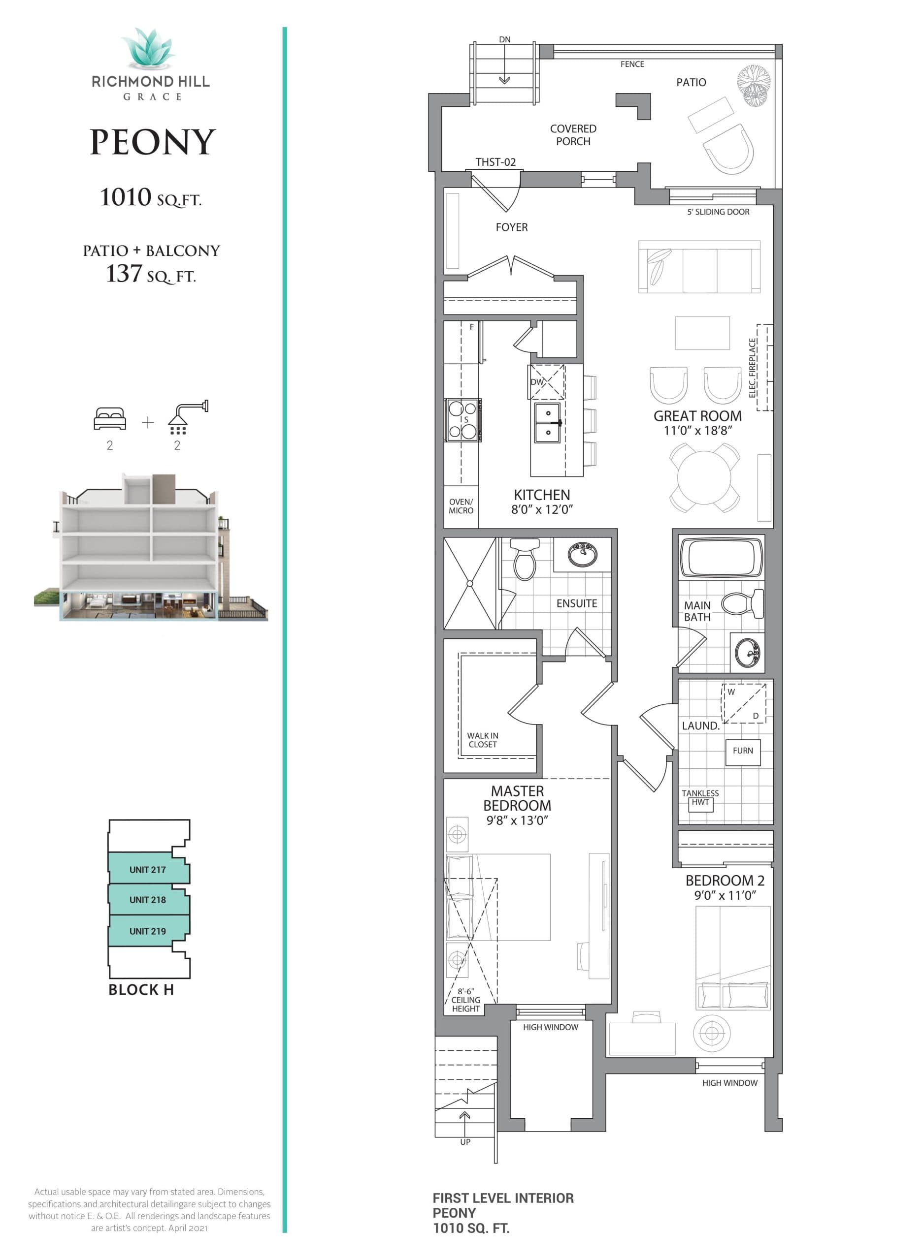 Peony Floor Plan at Richmond Hill Grace Towns - 1010 sq.ft