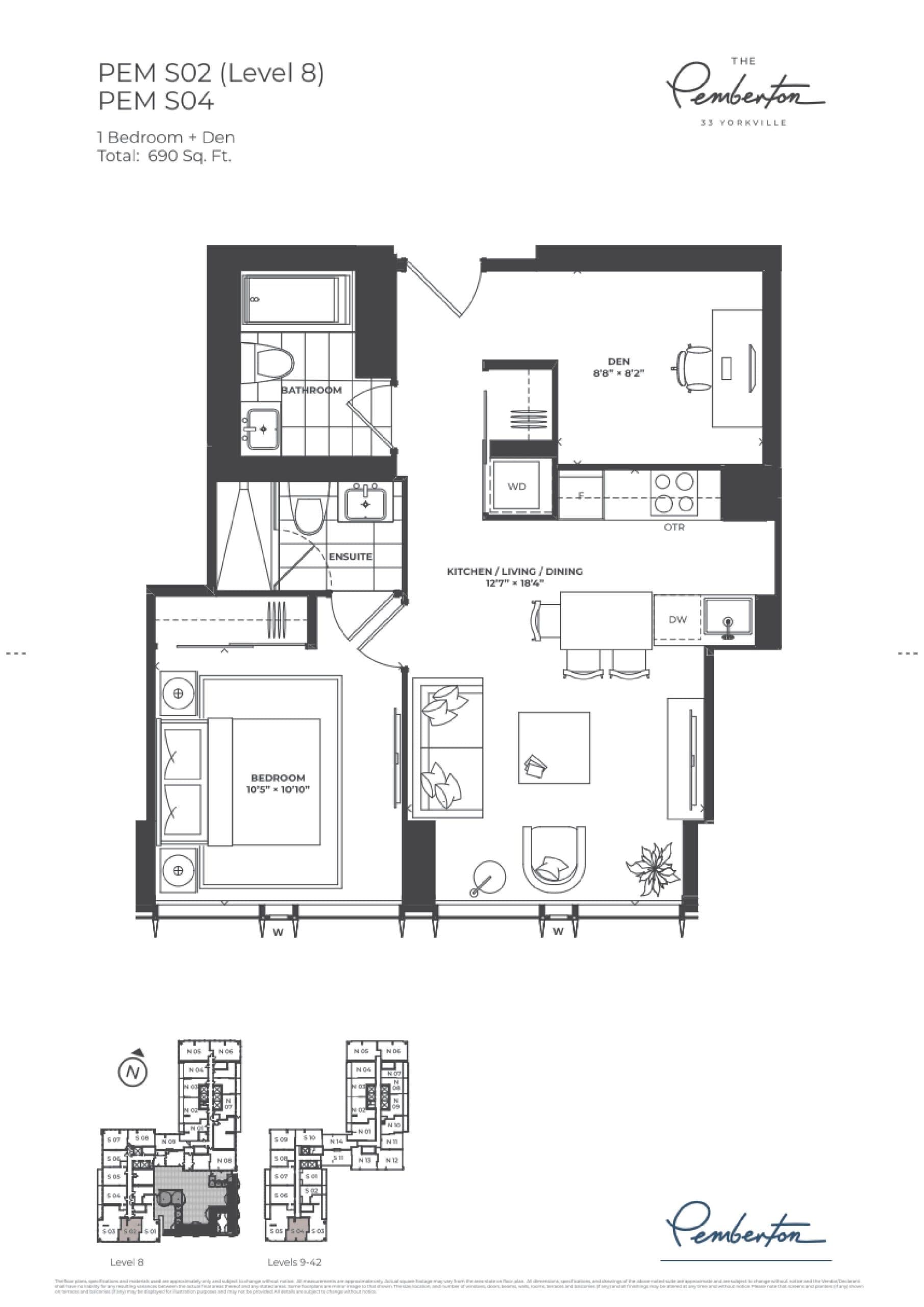 PEM S02 & PEM S04 Floor Plan at The Pemberton at 33 Yorkville Condos - 690 sq.ft