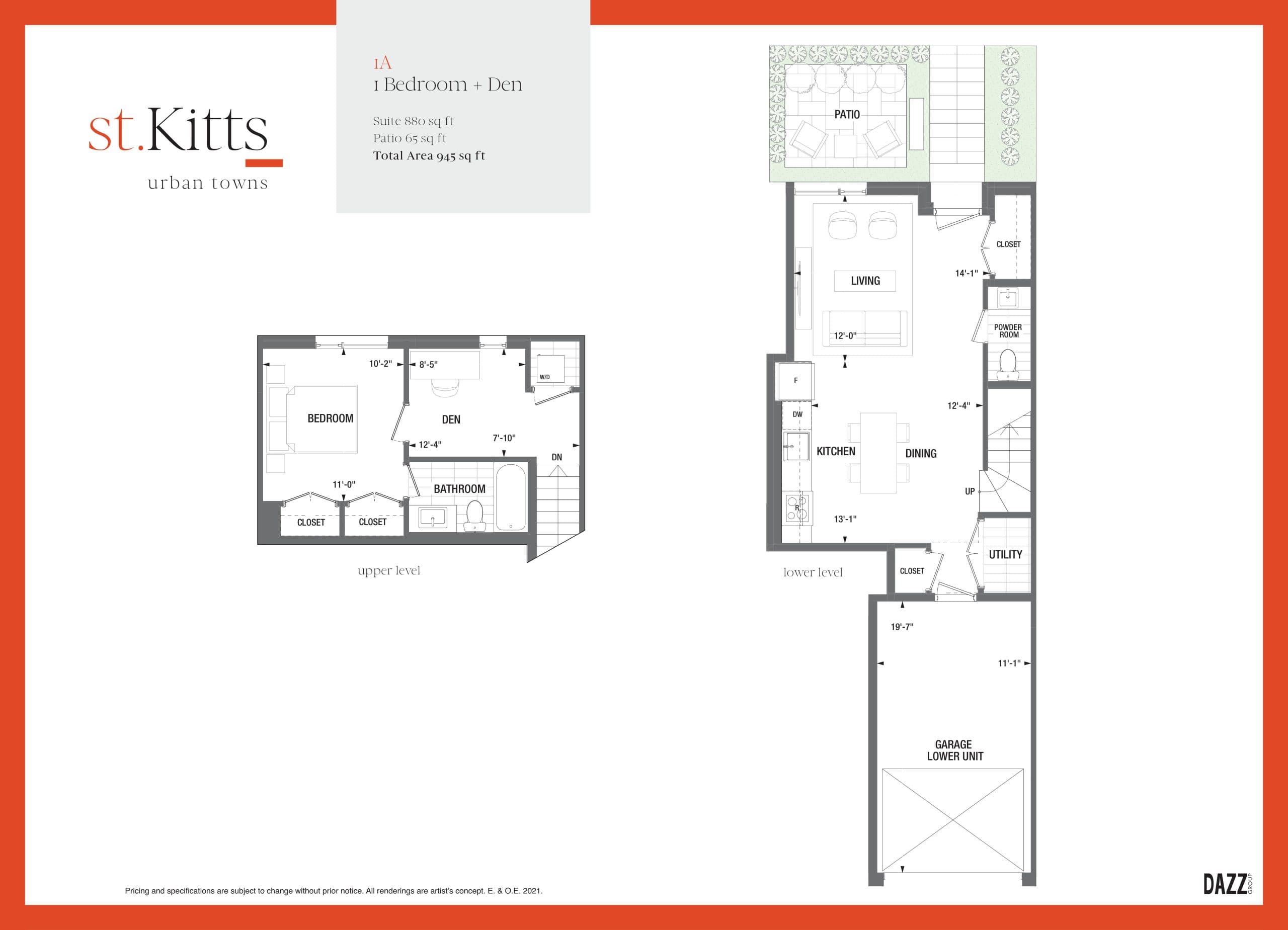 1A Floor Plan at St. Kitts Urban Towns - 880 sq.ft