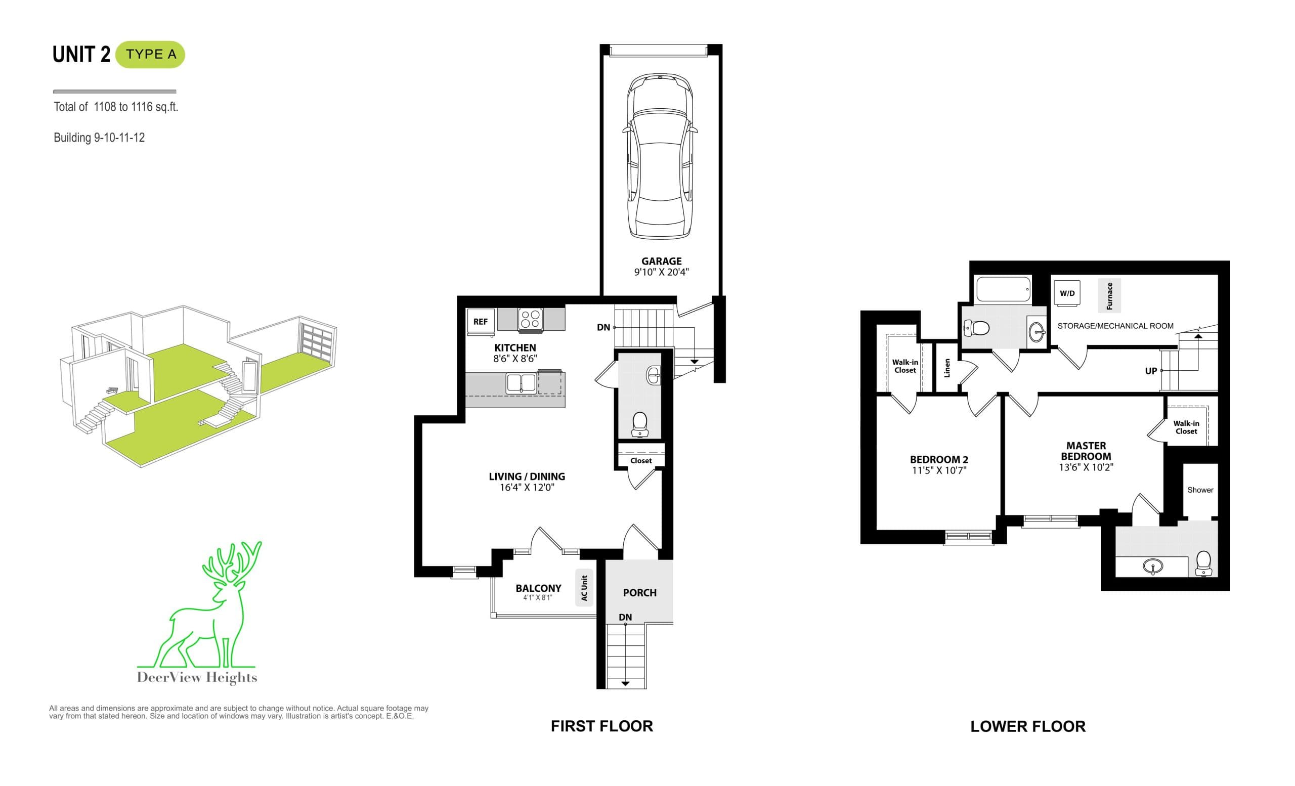 Unit 2 Type A Floor Plan at DeerView Heights Towns - 1108 sq.ft