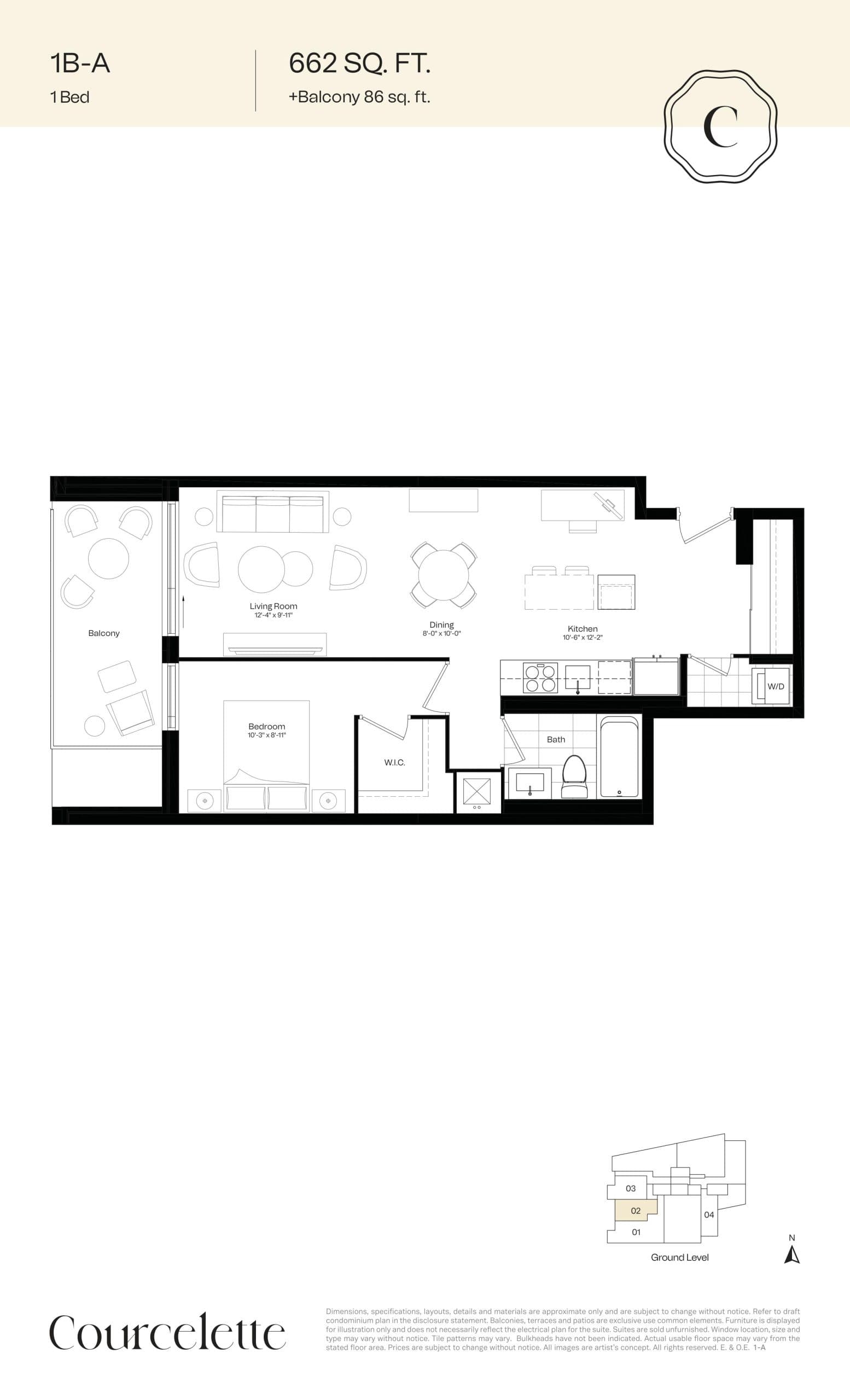 1B-A Floor Plan at Courcelette Condo - 662 sq.ft