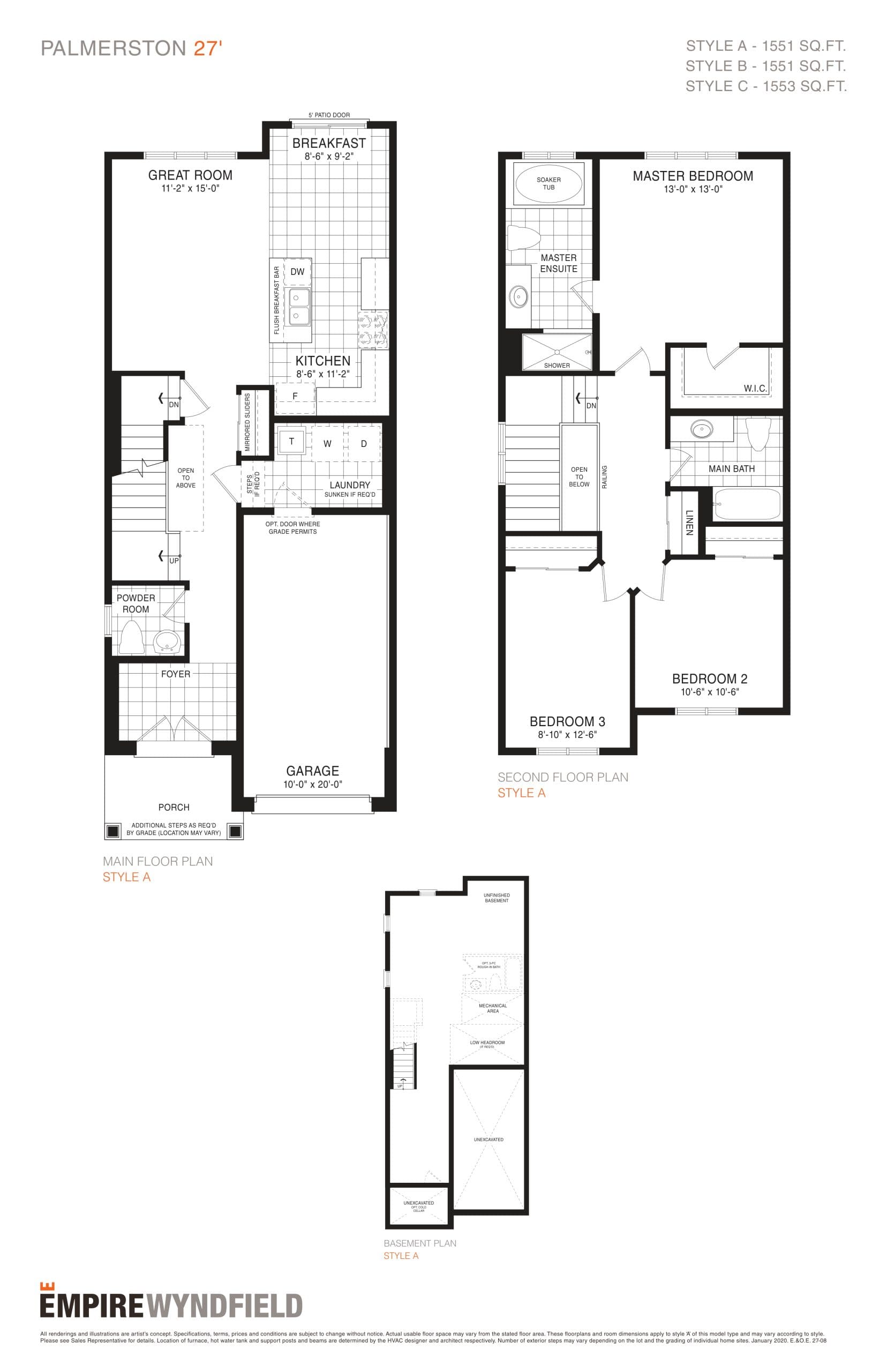 Palmerston Floor Plan at Empire Wyndfield Towns - 1551 sq.ft