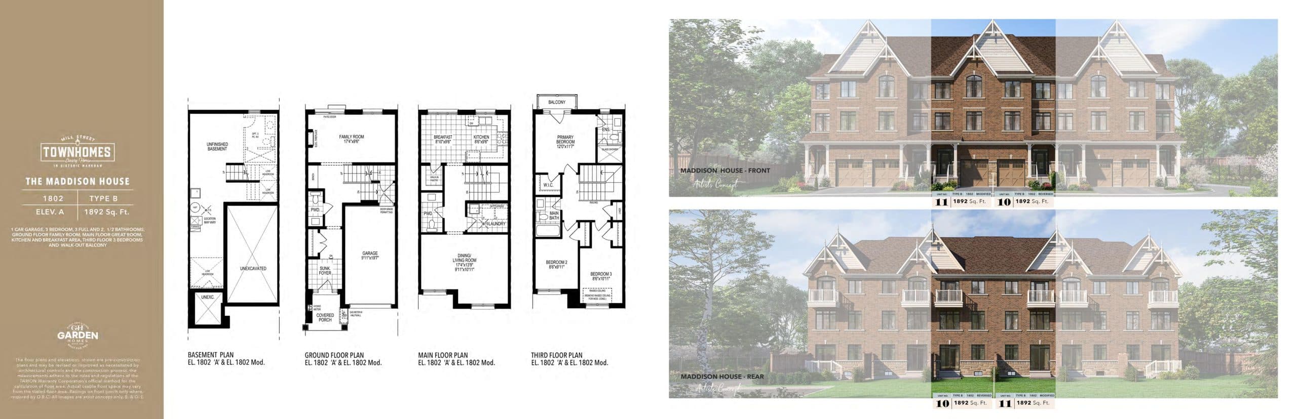 The Maddison House (Elev A) 1802 Floor Plan at Mill Street Towns - 1892 sq.ft