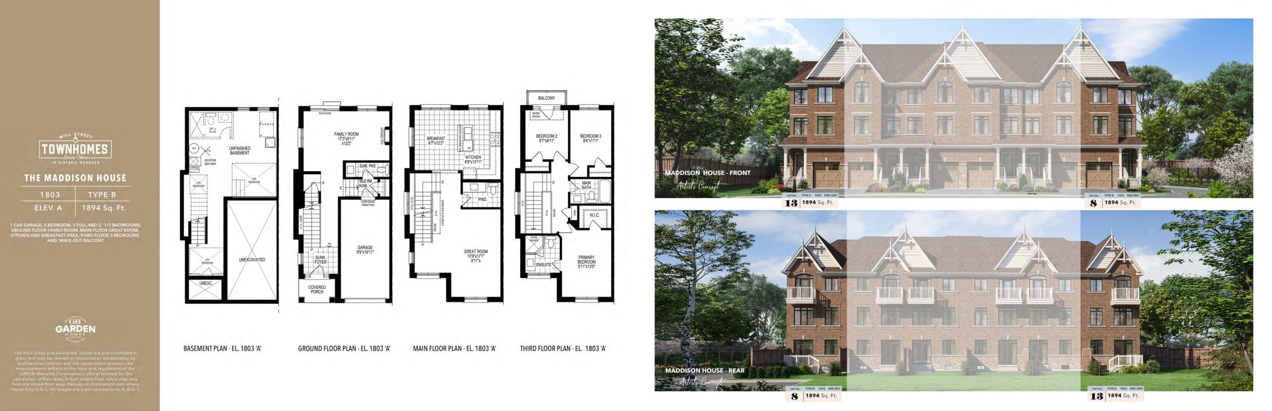 The Maddison House (Elev A) 1803 Floor Plan at Mill Street Towns - 1894 sq.ft