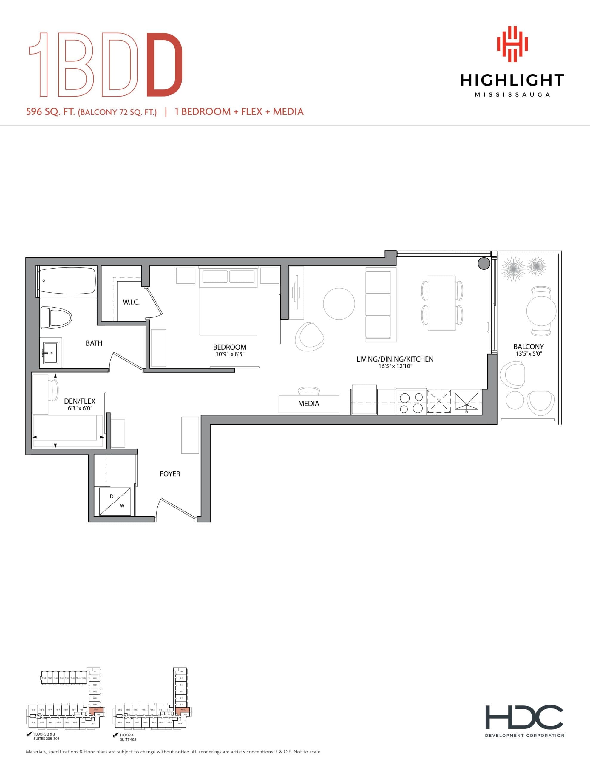 1BDD Floor Plan at Highlight Condos and Towns - 596 sq.ft