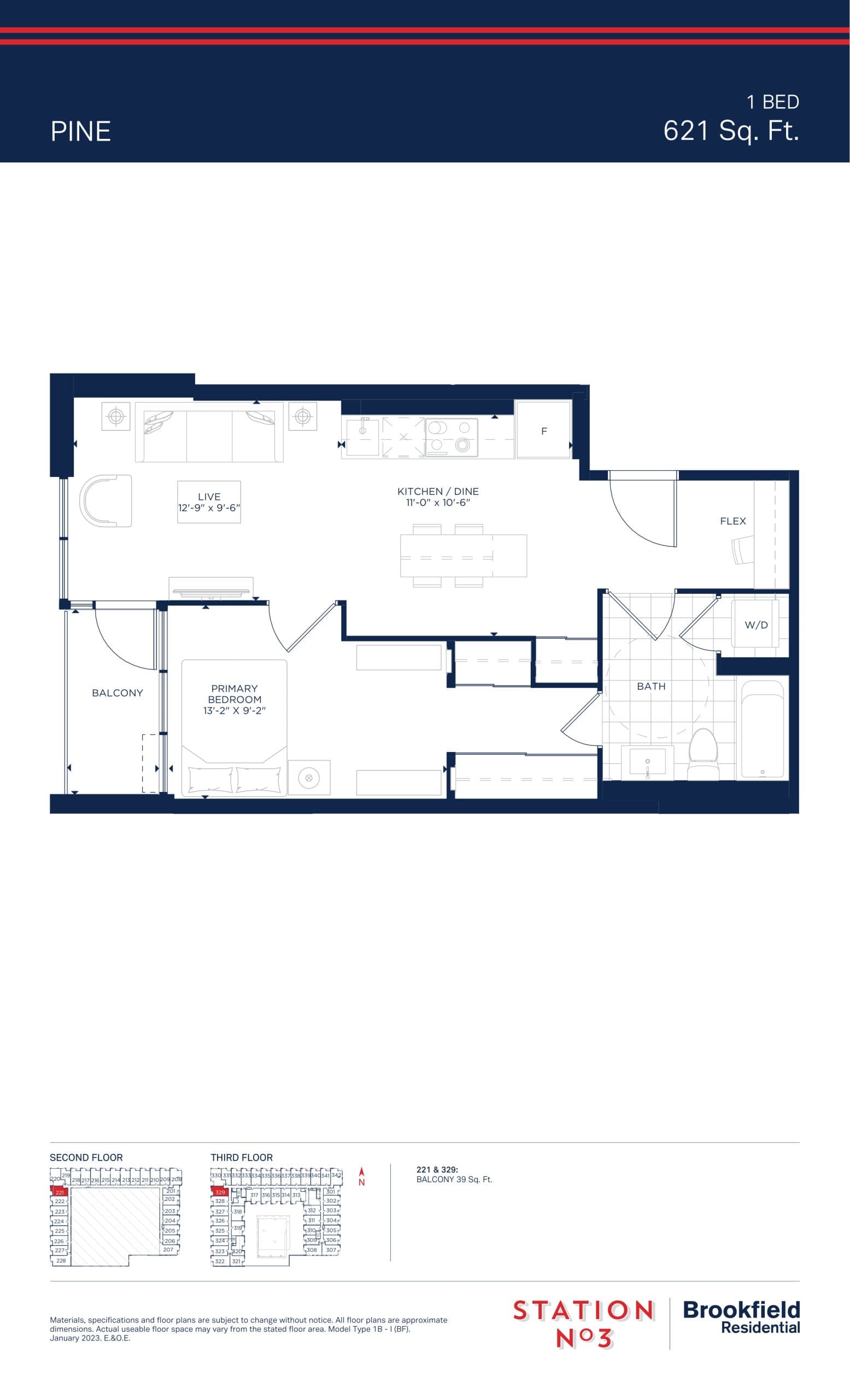 Pine Floor Plan at Station No. 3 Condos - 621 sq.ft