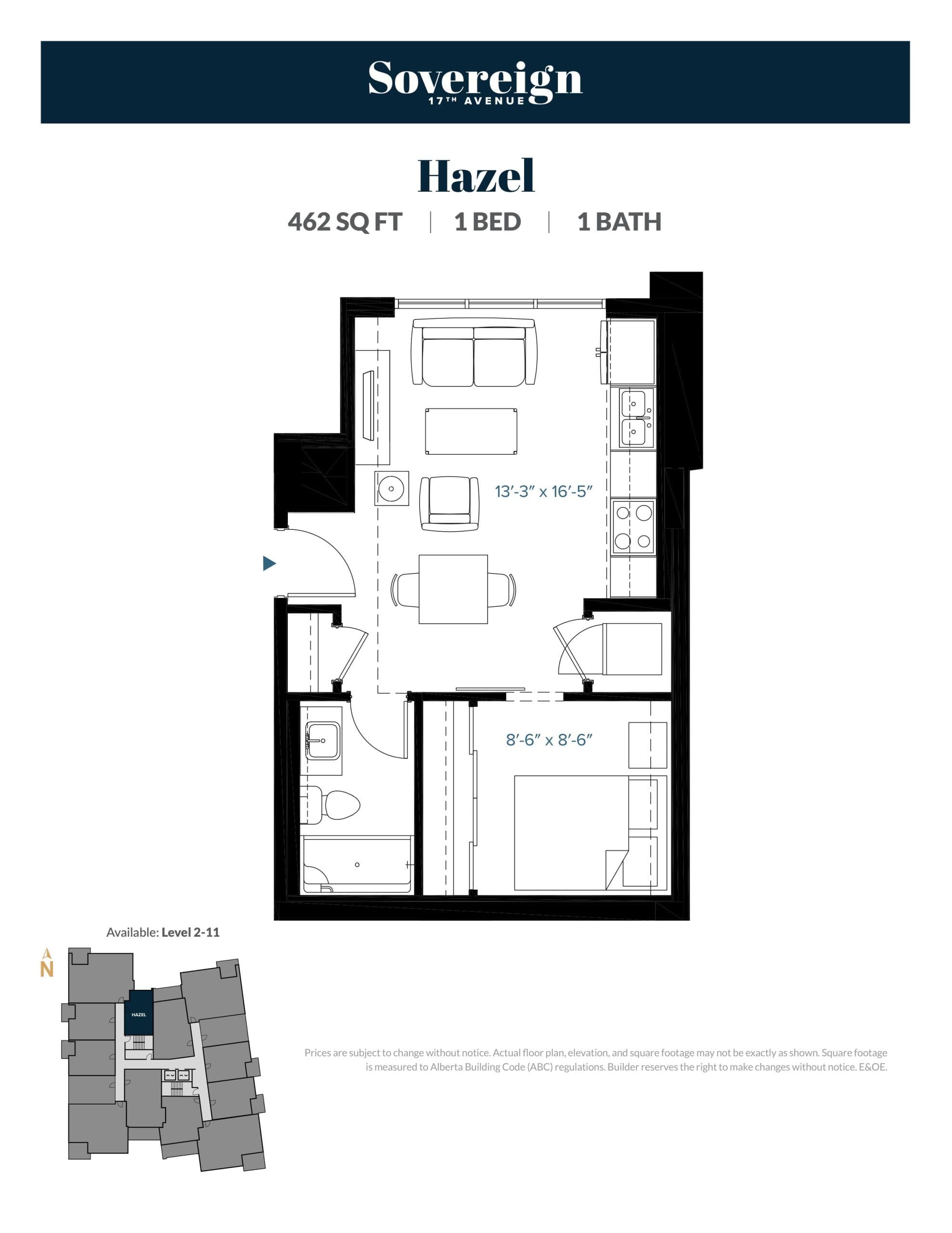 Hazel Floor Plan at Sovereign on 17th Avenue Condos - 462 sq.ft