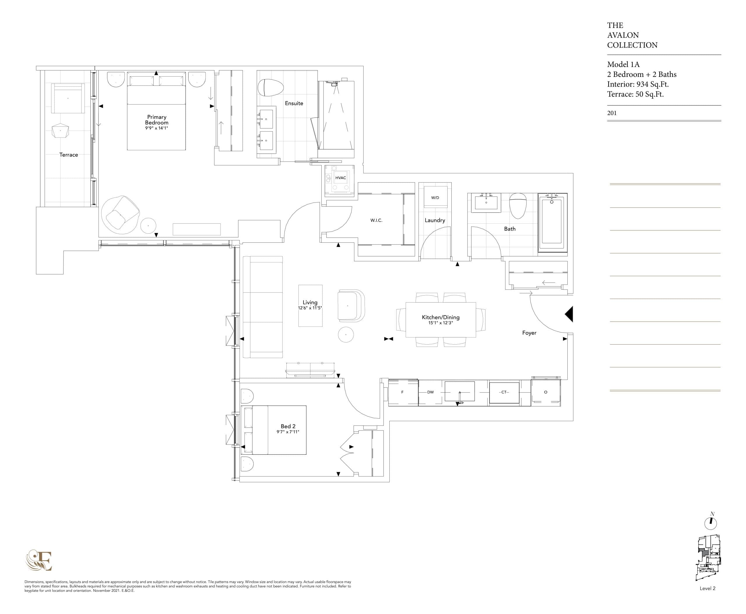Model 1A (The Avalon Collection) Floor Plan at Elegance Luxury Residences - 934 sq.ft