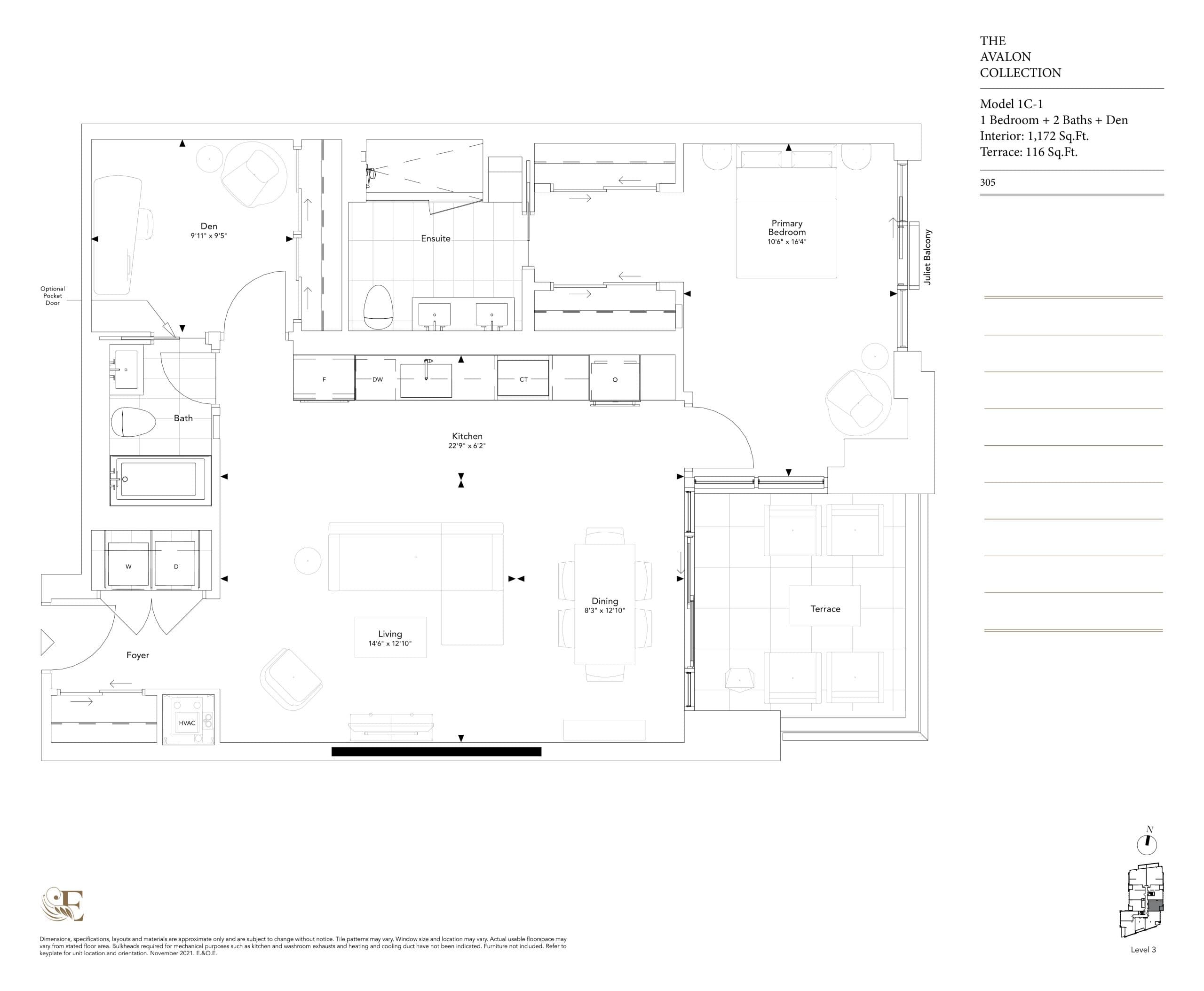 Model 1C-1 (The Avalon Collection) Floor Plan at Elegance Luxury Residences - 1172 sq.ft