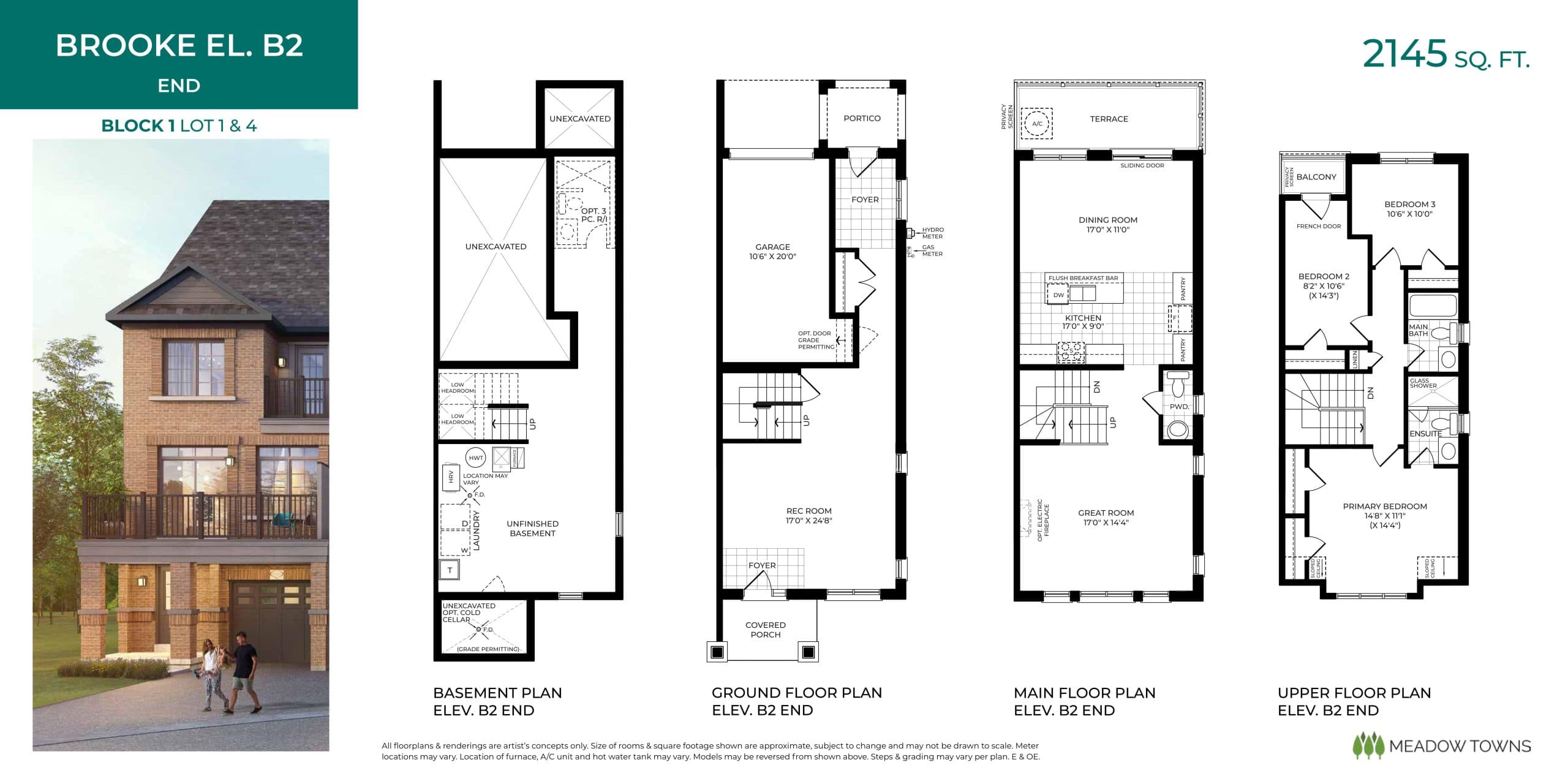 Brooke El. B2 (End) Floor Plan at Meadow Towns - 2145 sq.ft