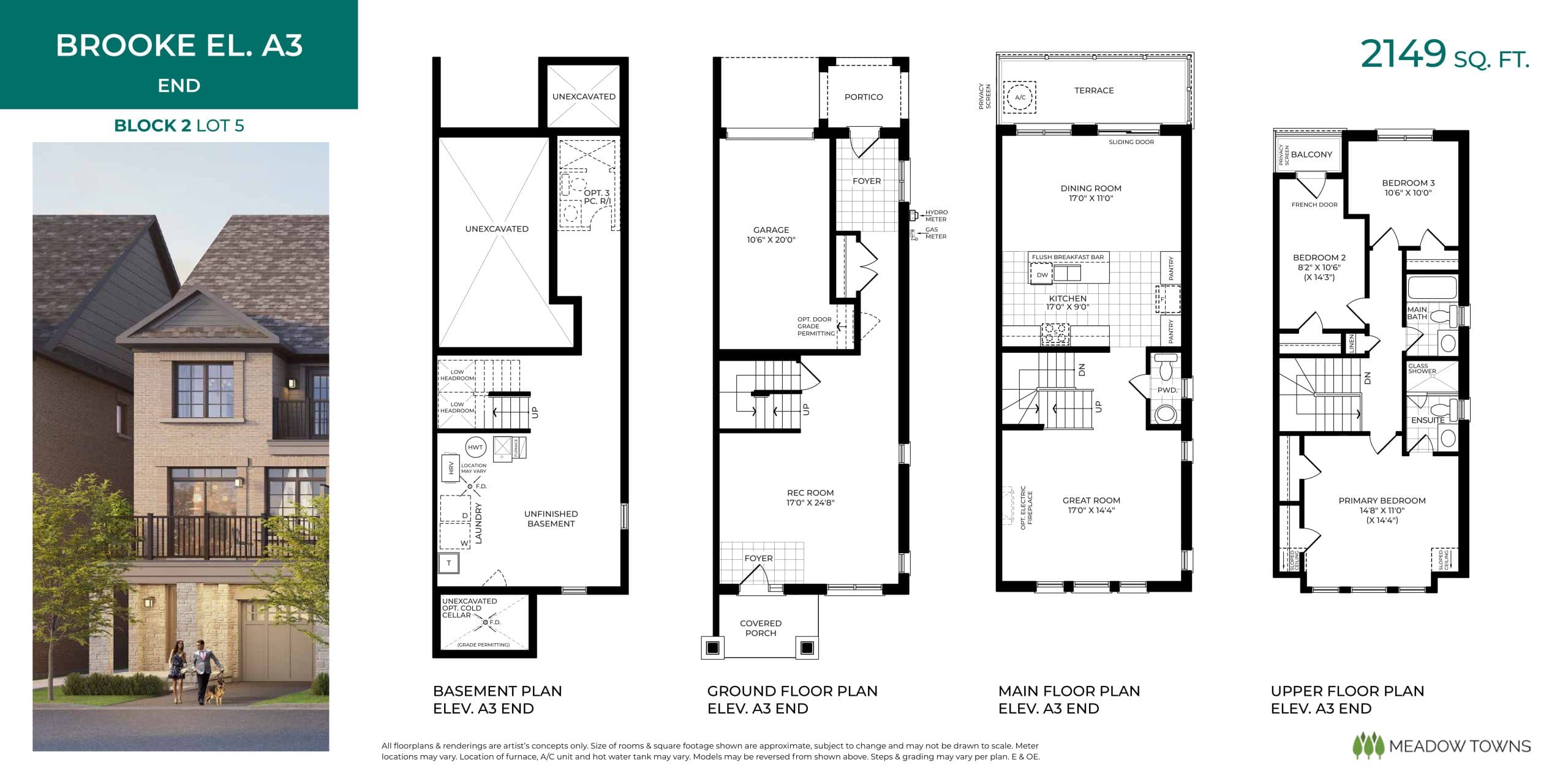 Brooke El. A3 (End) Floor Plan at Meadow Towns - 2149 sq.ft