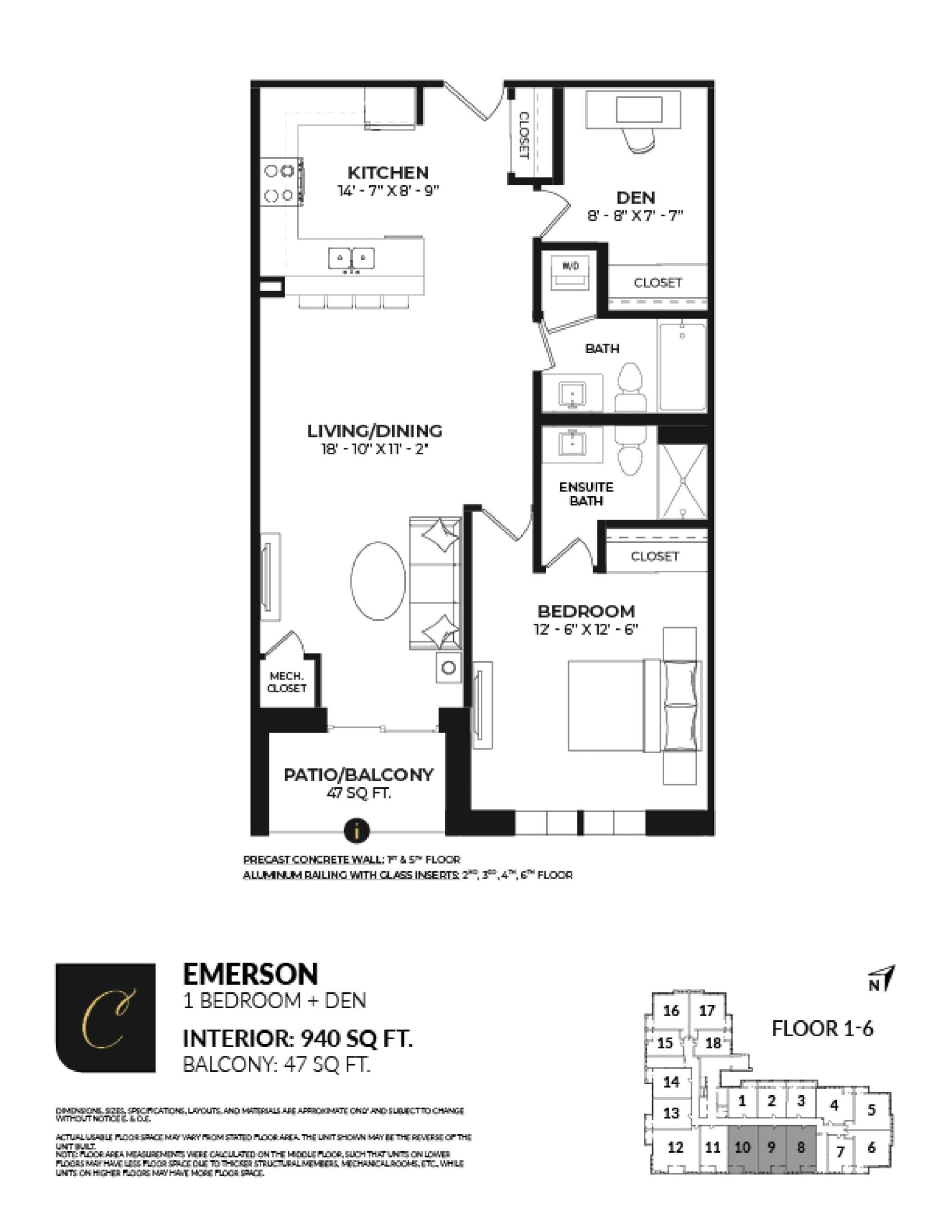 Emerson Floor Plan at Creekside Condos - 940 sq.ft