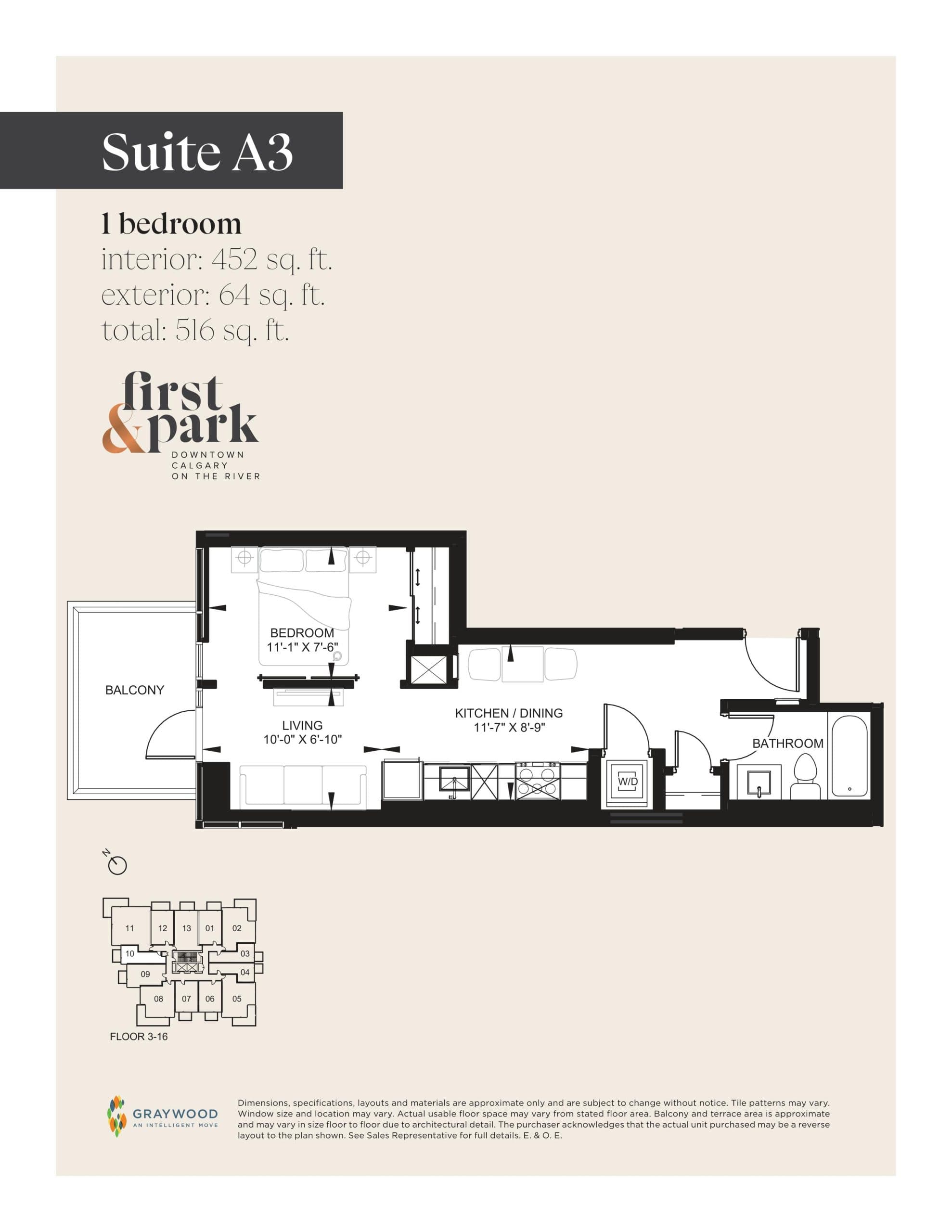 Suite A3 Floor Plan at First & Park Condos - 452 sq.ft