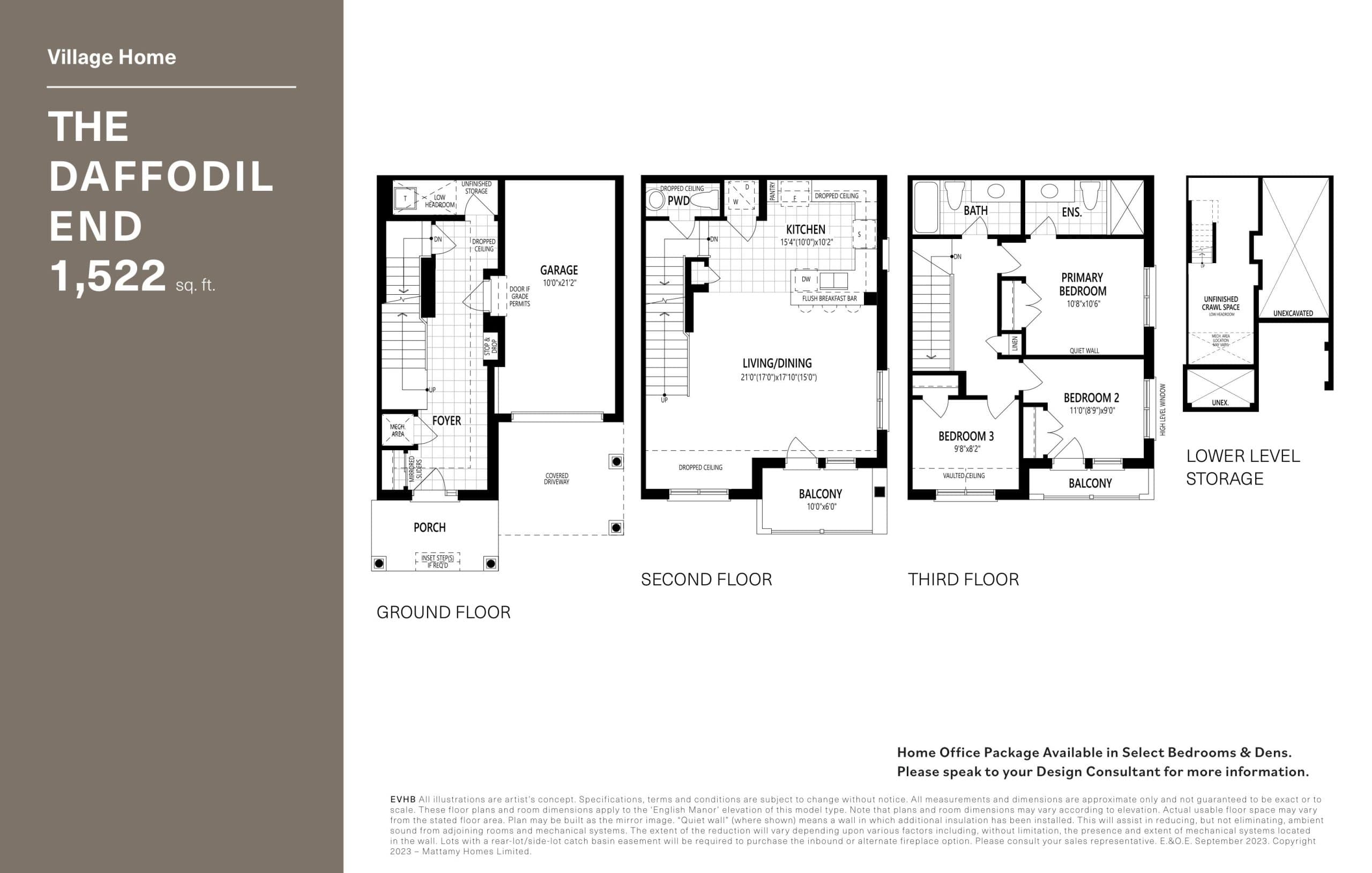 The Daffodil End Floor Plan at Upper Joshua Creek Phase 5 Towns - 1522 sq.ft