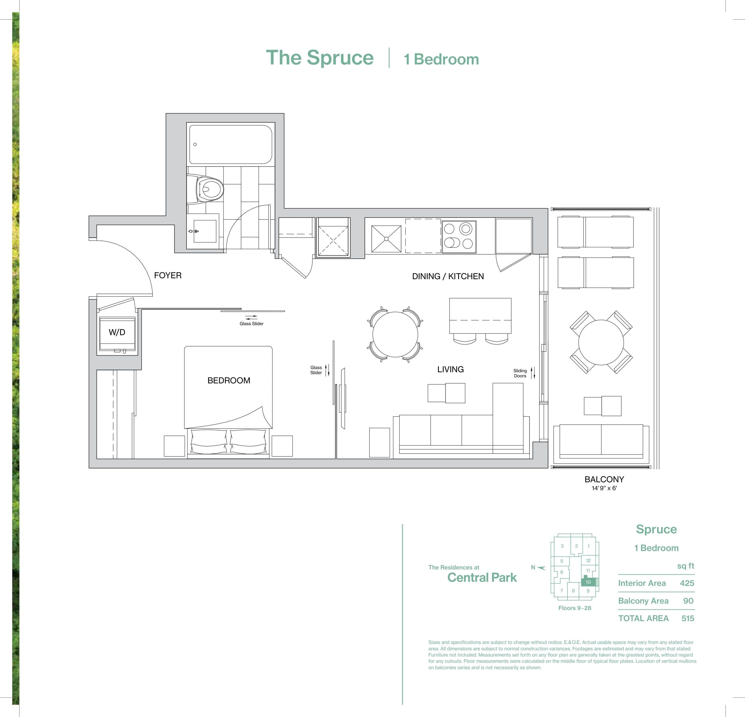 The Spruce Floor Plan at The Residences at Central Park Phase 2 - 435 sq.ft