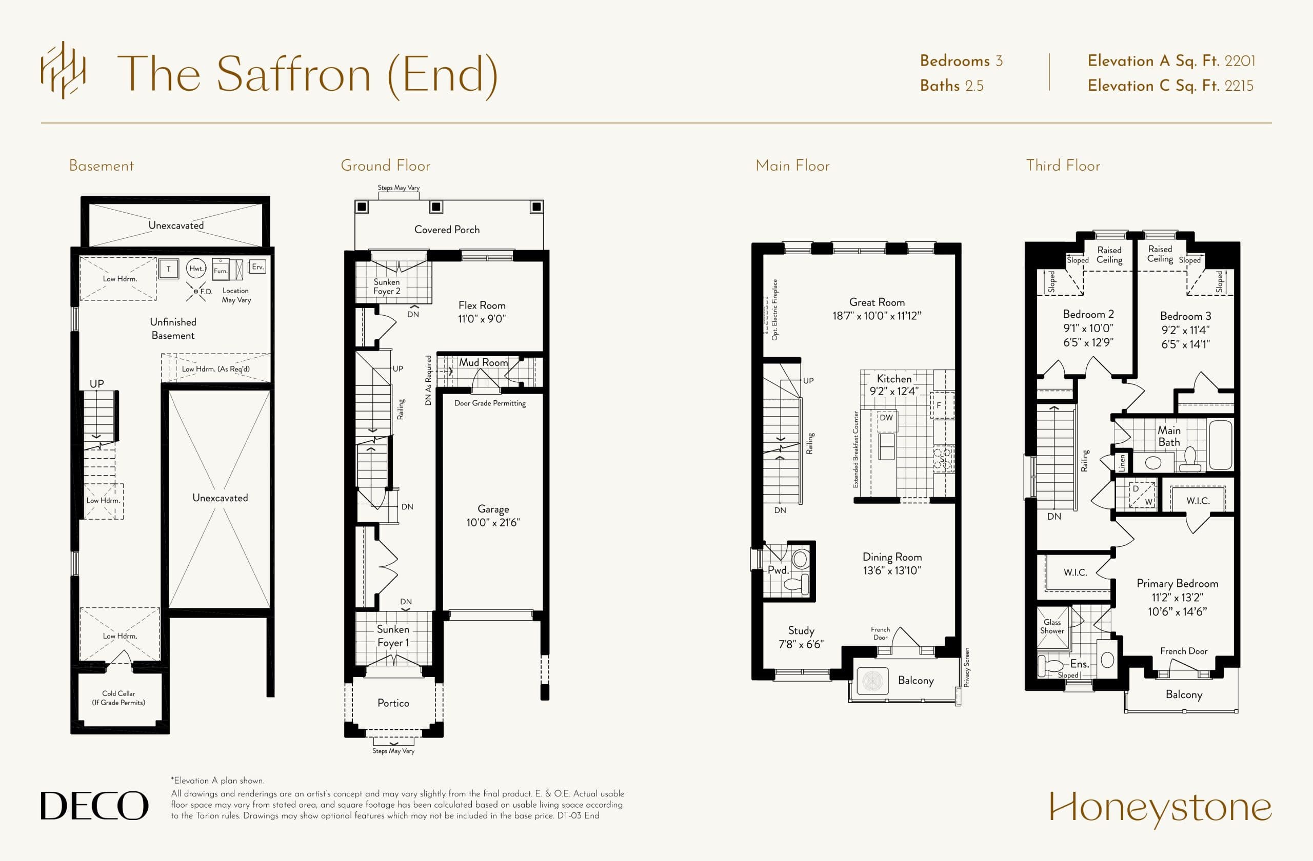 The Saffron (End) Floor Plan at Honeystone Towns - 2215 sq.ft