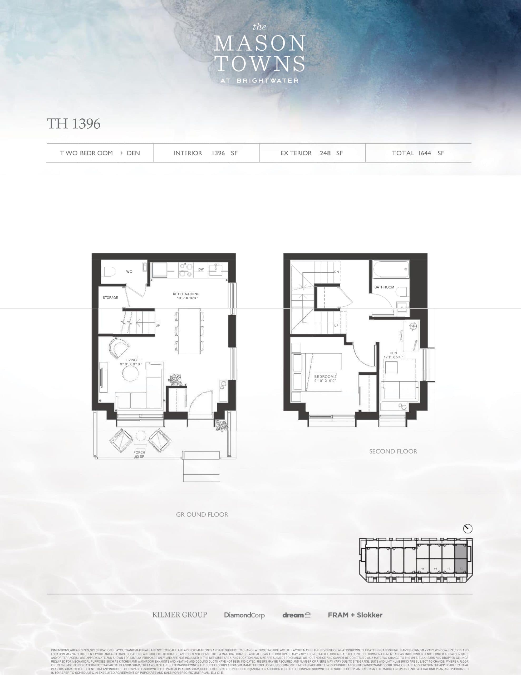 TH 1396 (Ground - 2nd Floor) Floor Plan at The Mason at Brightwater Condos - 1396 sq.ft
