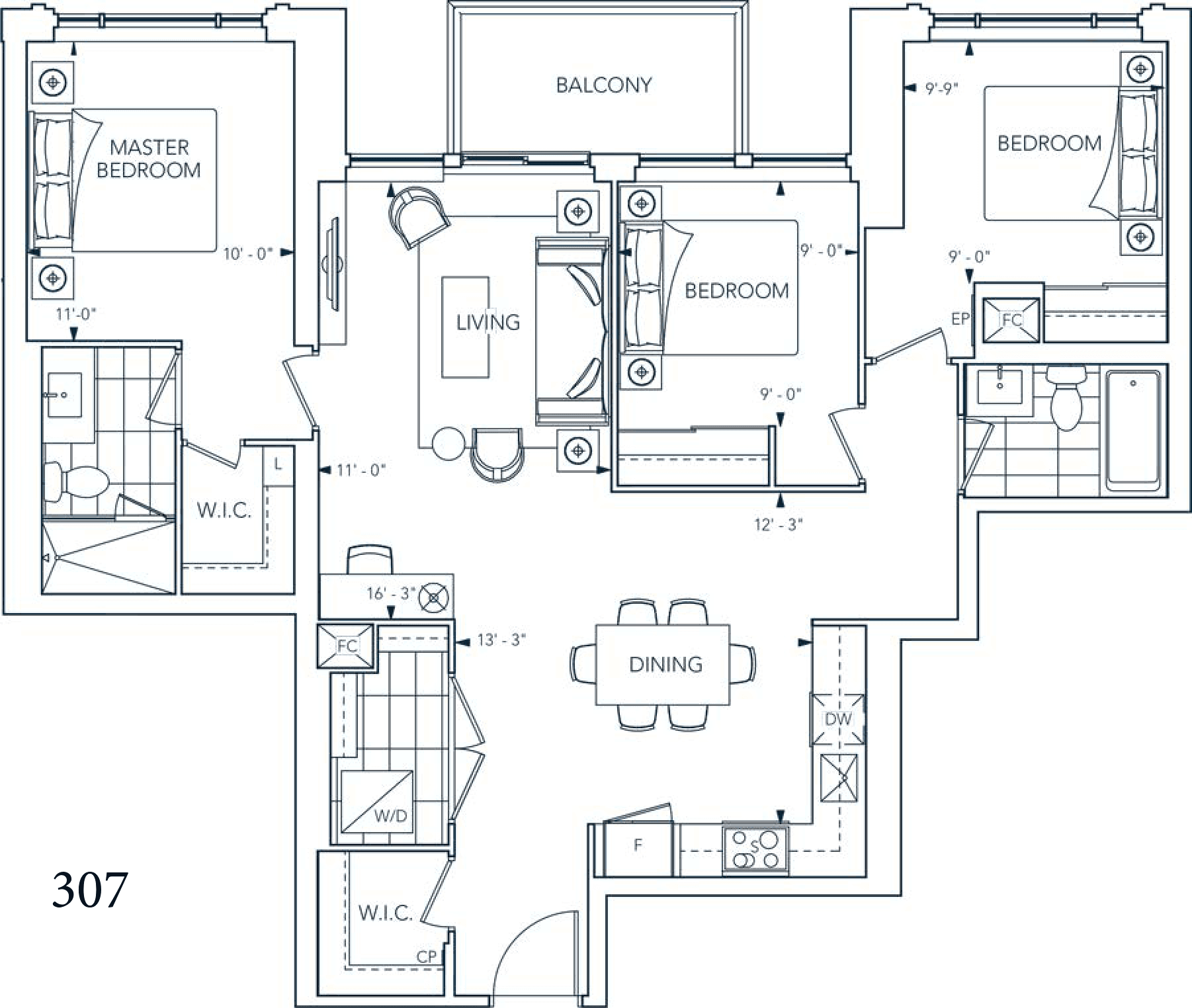 Suite 307 Floor Plan at Evermore at West Village Condos - 1127 sq.ft