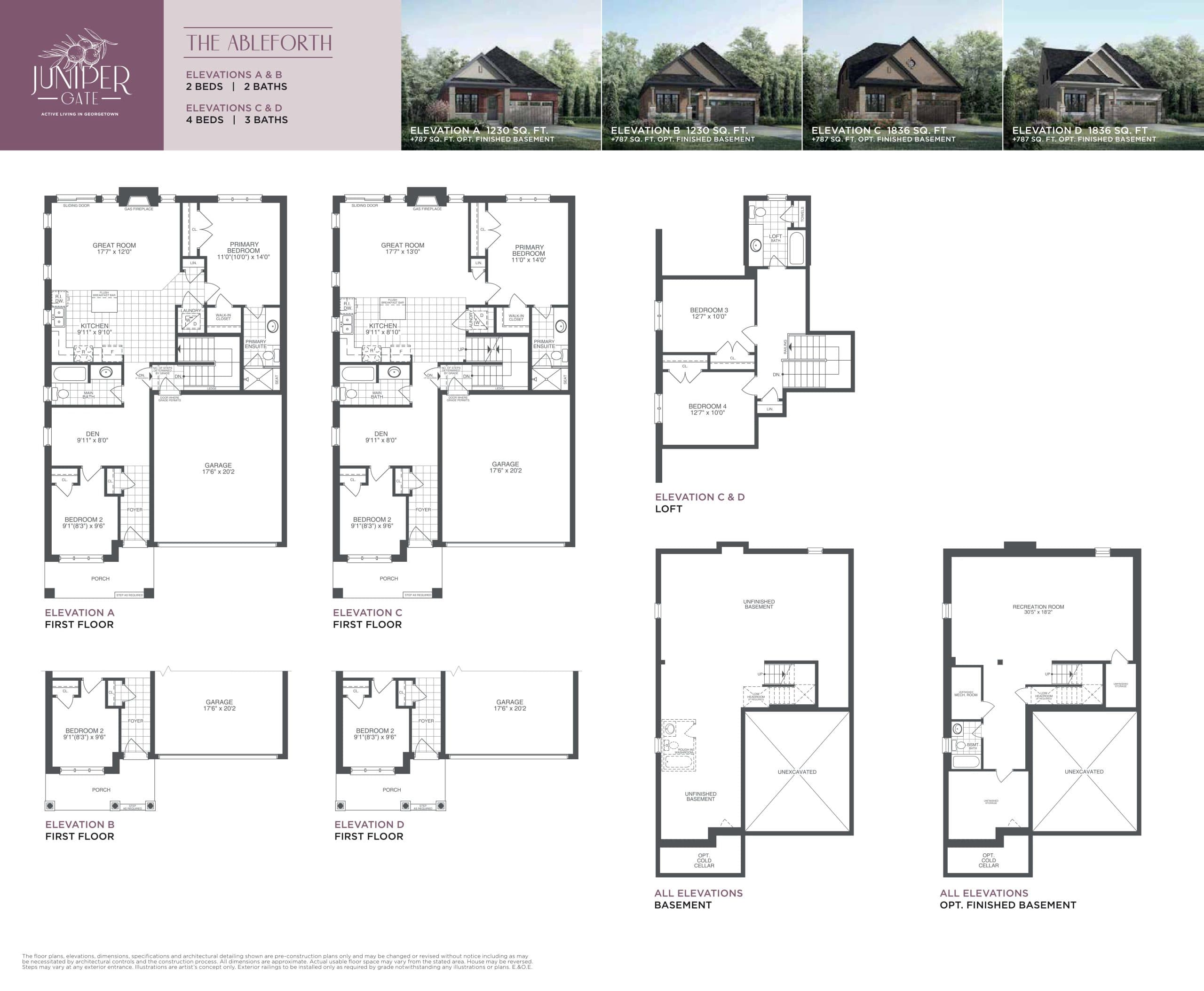 The Ableforth Elevations A & B (The Bungalow Collection) Floor Plan at Juniper Gate Towns - 1230 sq.ft