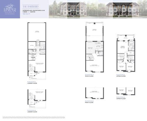 The Barberry Interior Unit Elevations A & B (Rear Lane Collection) floor plan