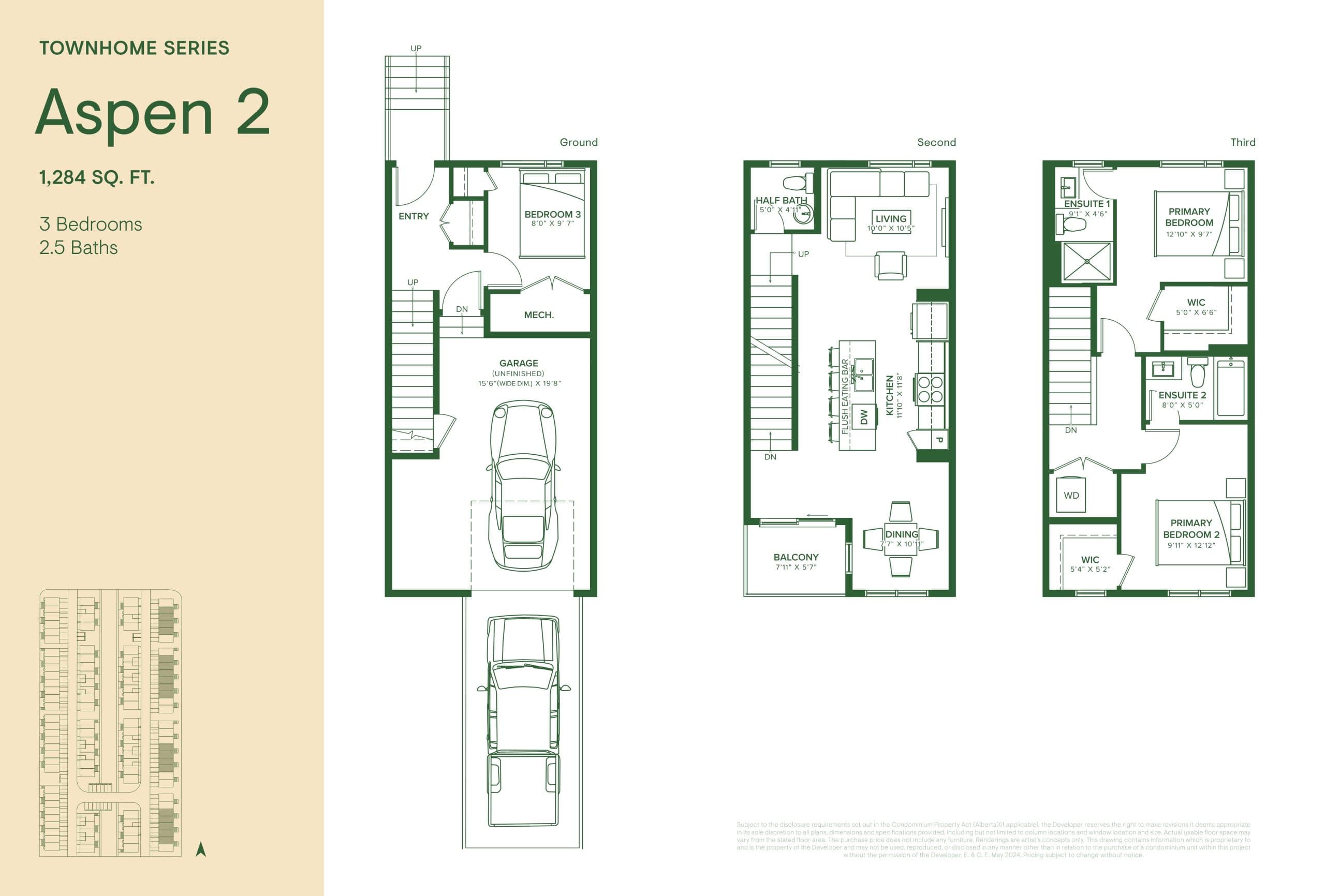 Aspen 2 Floor Plan at The Grove Townhomes at Wildflower - 1284 sq.ft