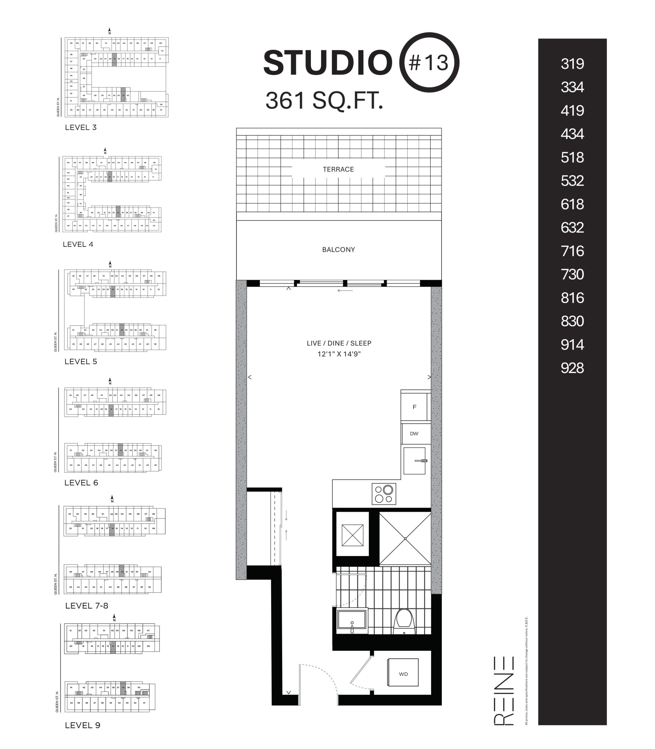 Studio #13 Floor Plan at Reine Condos - 361 sq.ft