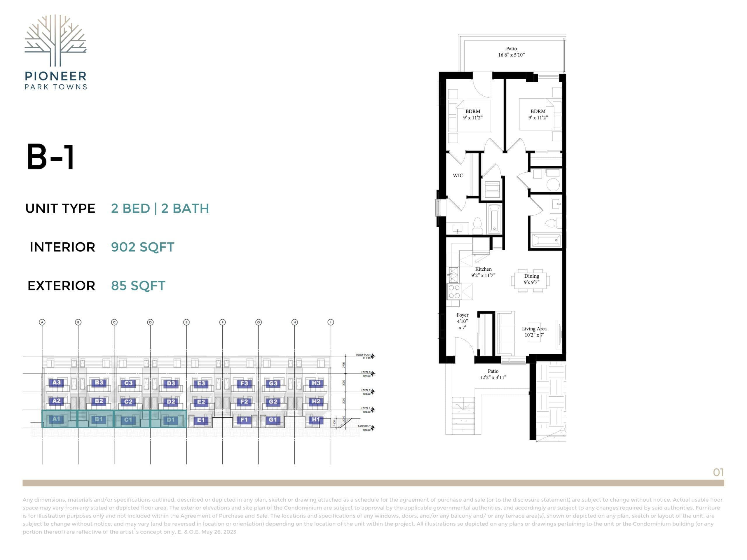 B-1 Floor Plan at Pioneer Park Towns - 902 sq.ft