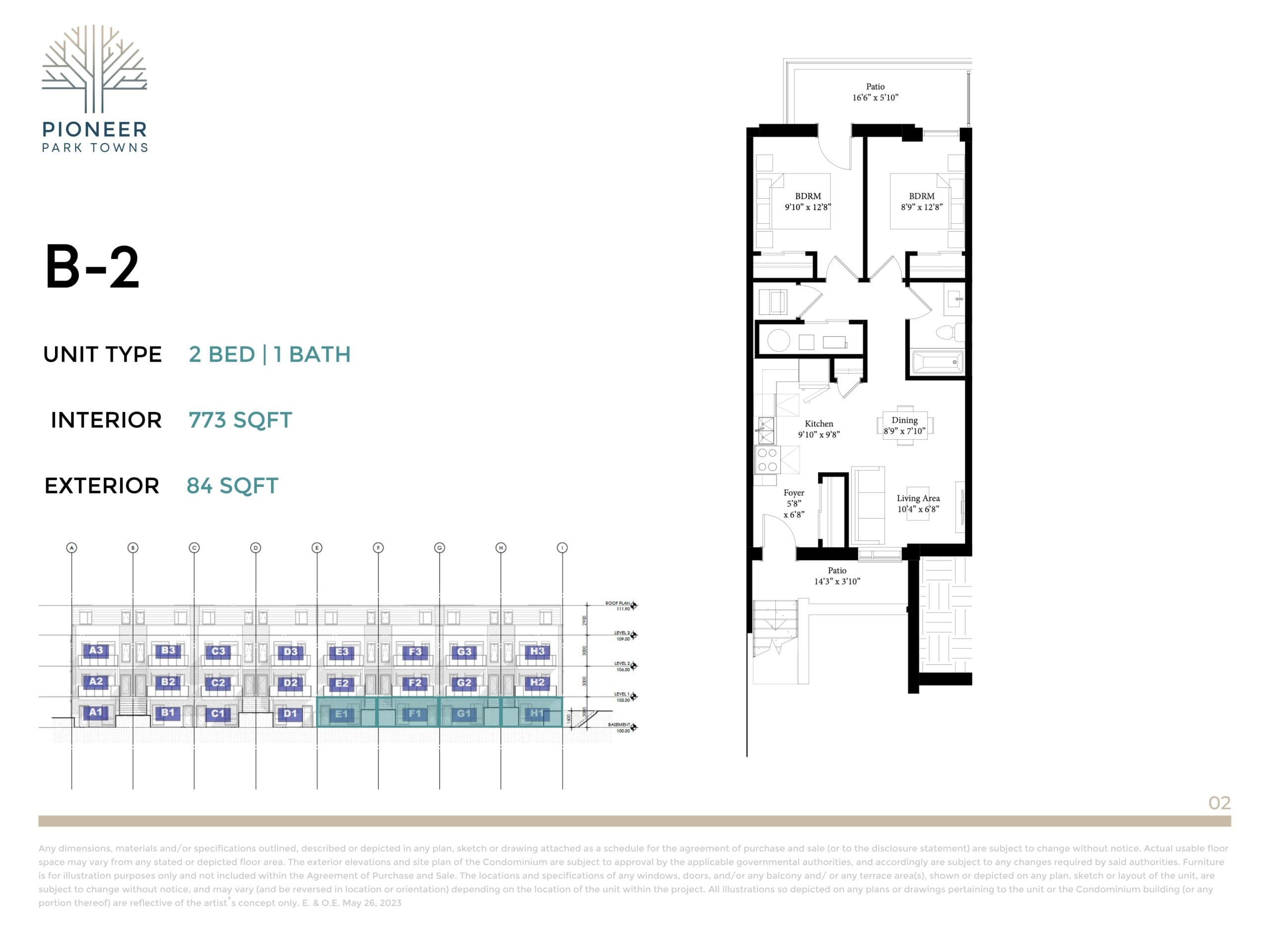 B-2 Floor Plan at Pioneer Park Towns - 773 sq.ft