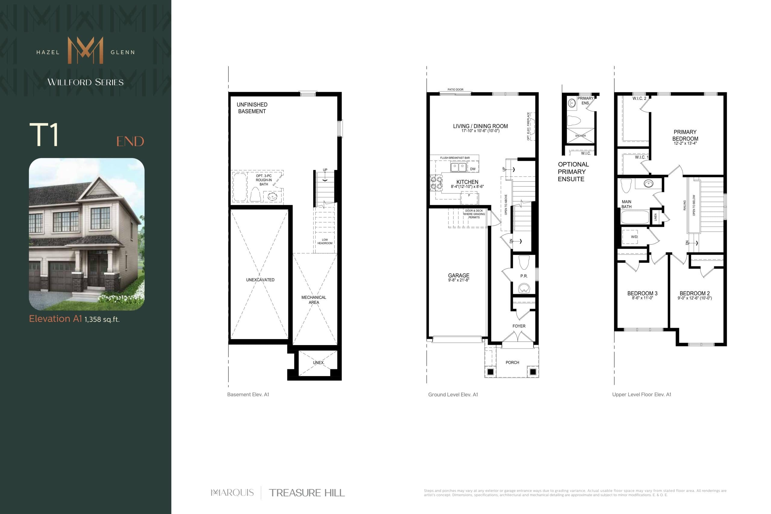 T1 End Floor Plan at Marquis Series at Hazel Glenn Towns - 1358 sq.ft