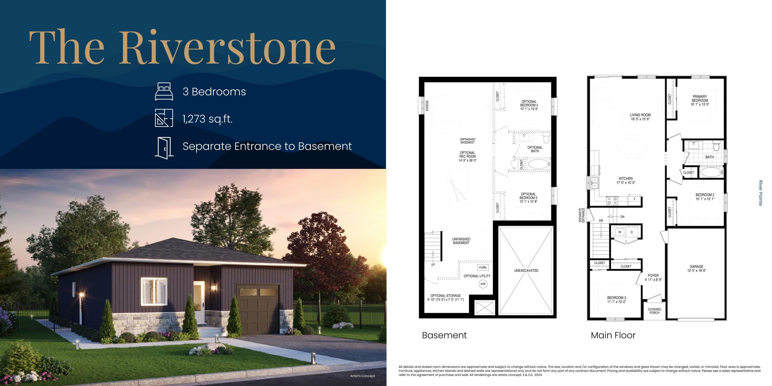 The Riverstone Floor Plan at River Pointe - Phase 1 - 1273 sq.ft