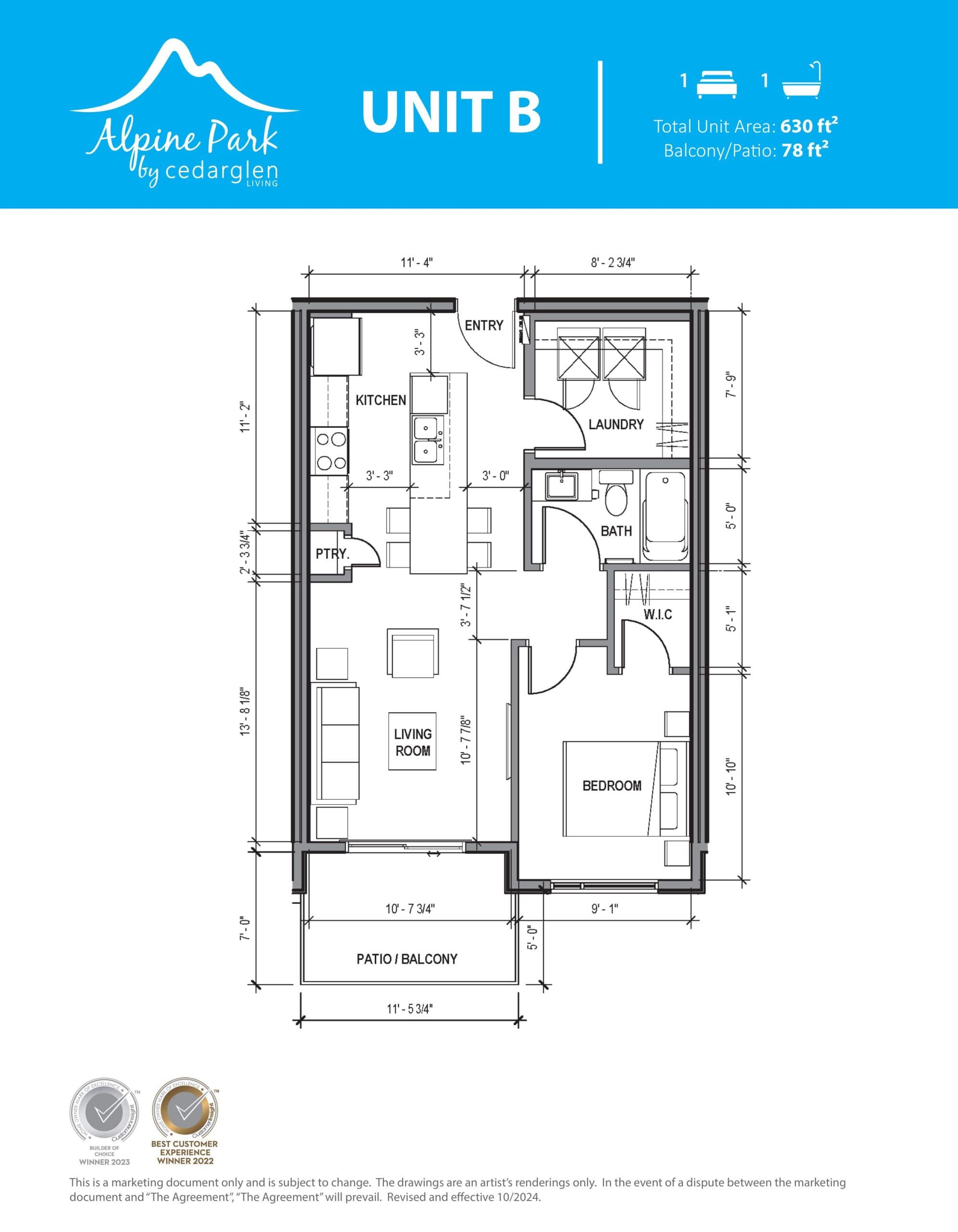 Unit B Floor Plan at Alpine Park Place by Cedarglen Living - 630 sq.ft