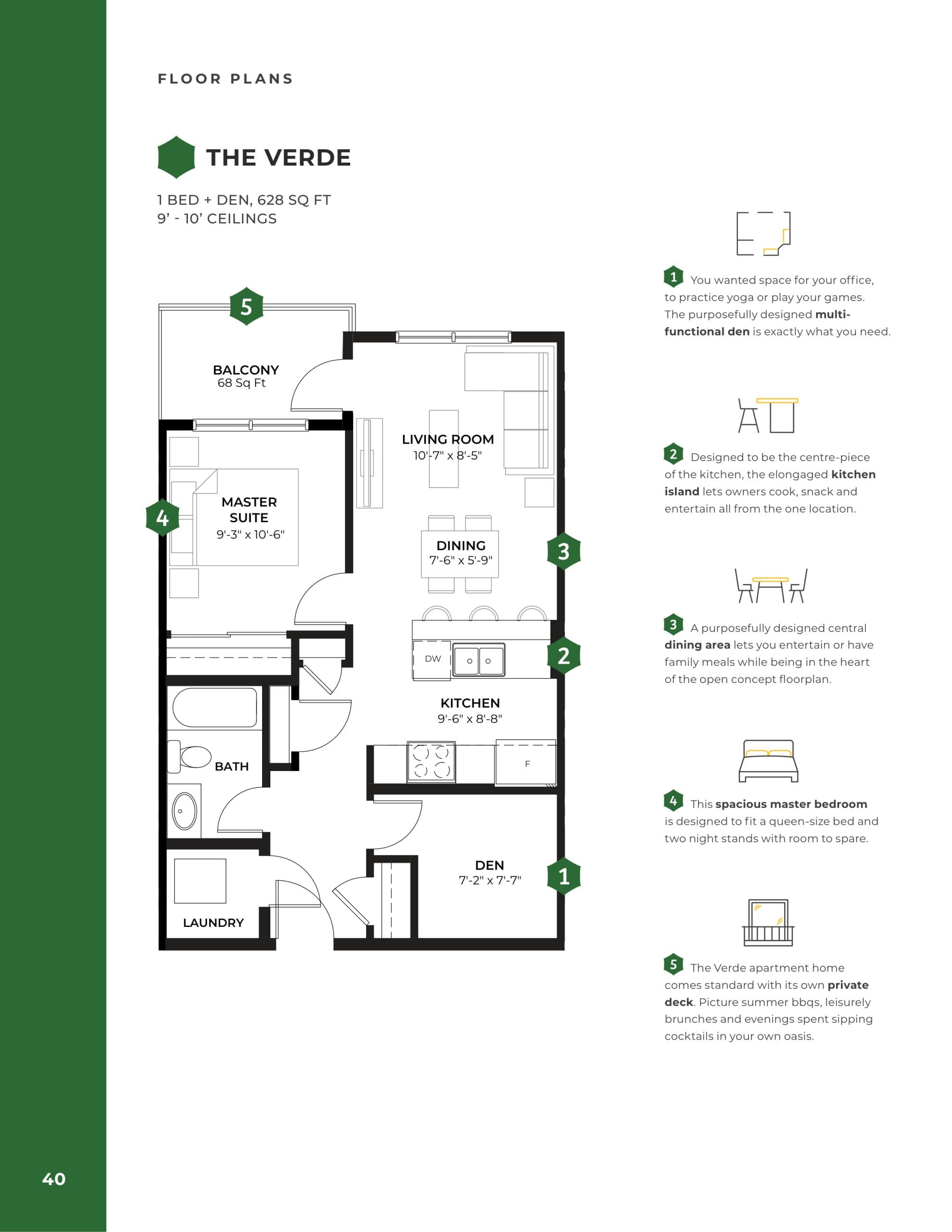 The Verde Floor Plan at Quesnay at Currie Condos - 628 sq.ft