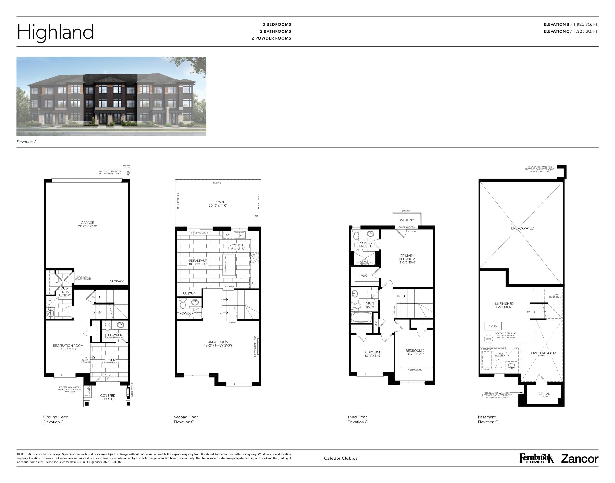 Highland - Elevation C Floor Plan at Caledon Club Towns - 1925 sq.ft