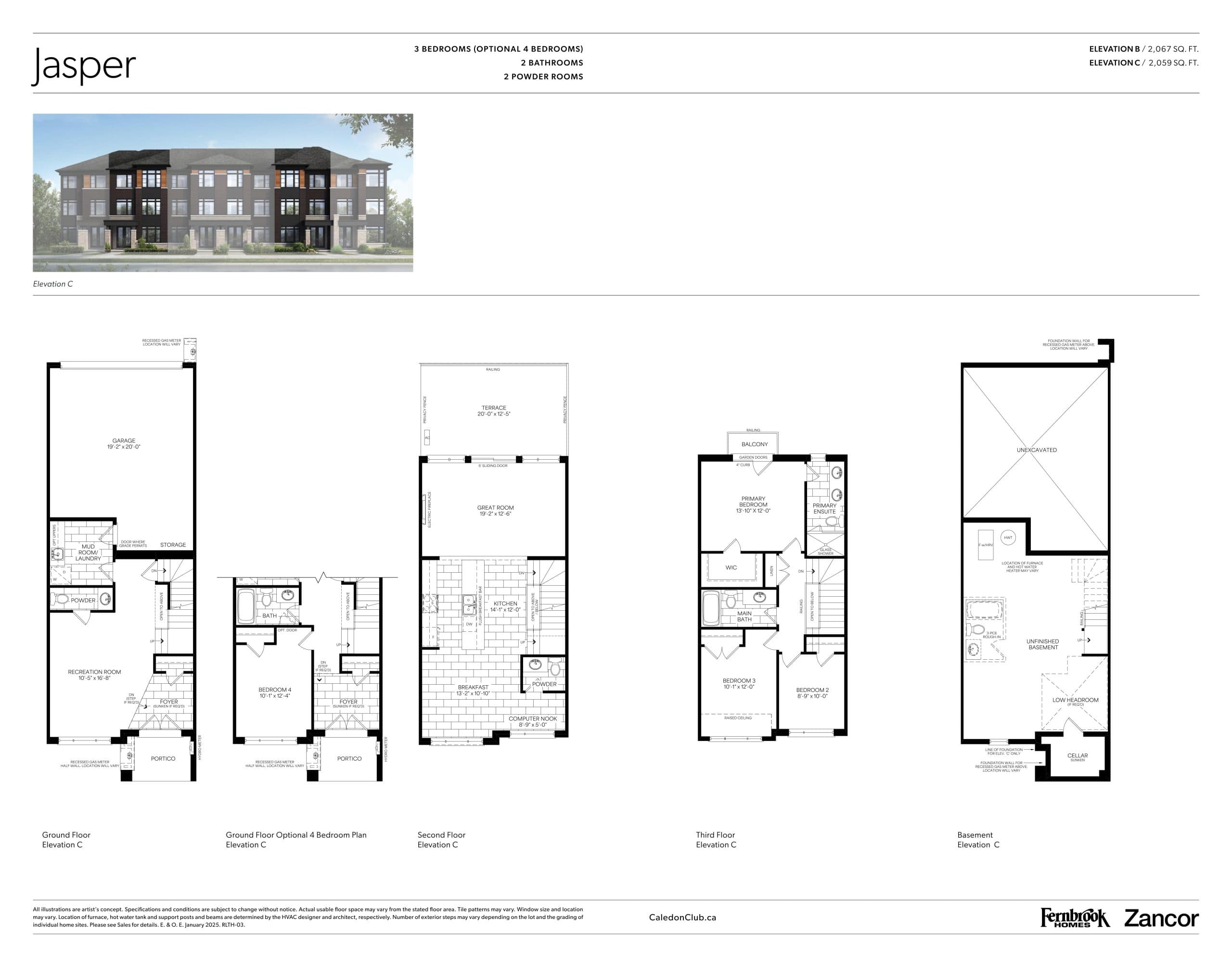 Jasper - Elevation C Floor Plan at Caledon Club Towns - 2059 sq.ft