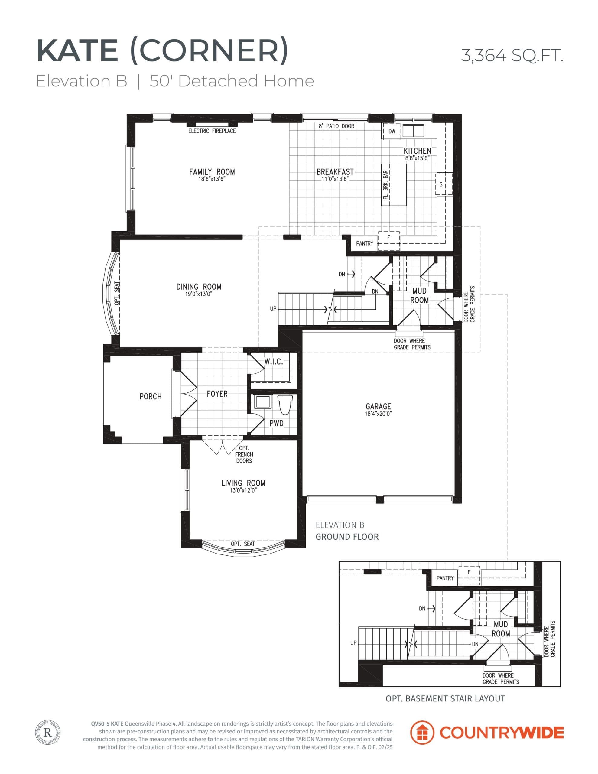 Kate (Corner) - Elevation B Floor Plan at Queensville Homes by CountryWide - Single Family Homes - 3364 sq.ft