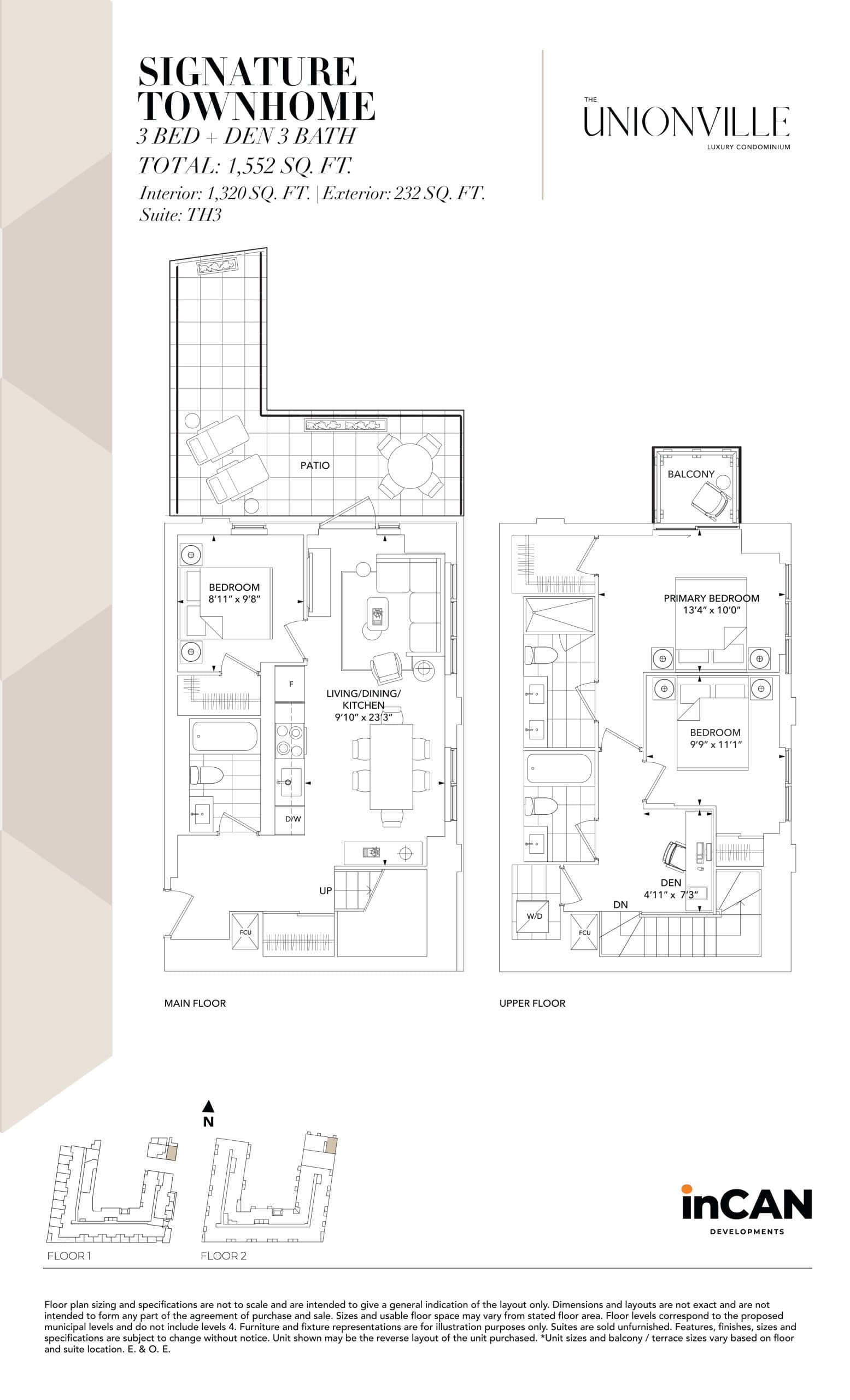 Signature Townhome TH3 Floor Plan at The Unionville Condos - 1320 sq.ft